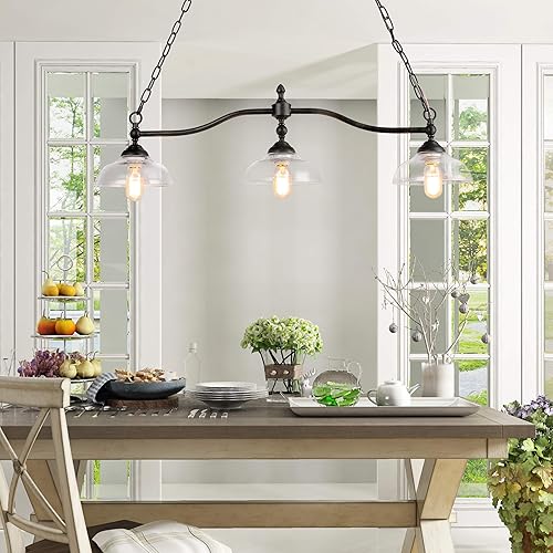 Miniatura 6 de LOG BARN Lámpara colgante para comedor, lámpara de granja en metal negro rústico con pantallas de vidrio transparente, cadenas ajustables, colgante