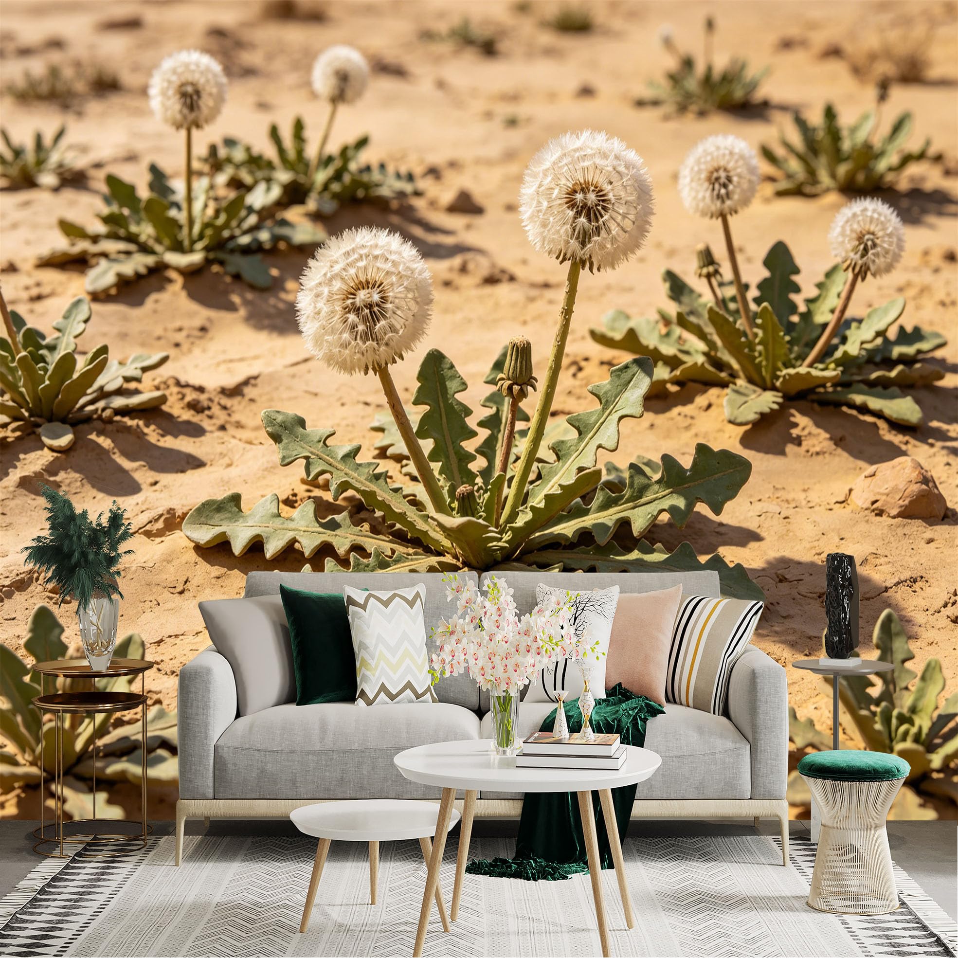Lnzczhyre Dbh260521215 Custom Size Wall Sticker Mural， White Dandelion Flowers In Desert， Sandy Landscape， Nature Botanical Print， For Wall Decoration， Peelandstick Wall Decals.