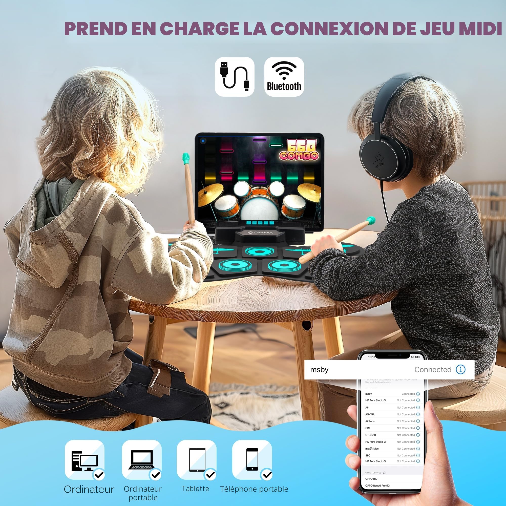 CAHAYA Kit Batterie Électronique Portable: 9 Pads Enroulables, Haut-Parleur Intégré, Compatible MIDI, Baguettes et Pédales, Bleu