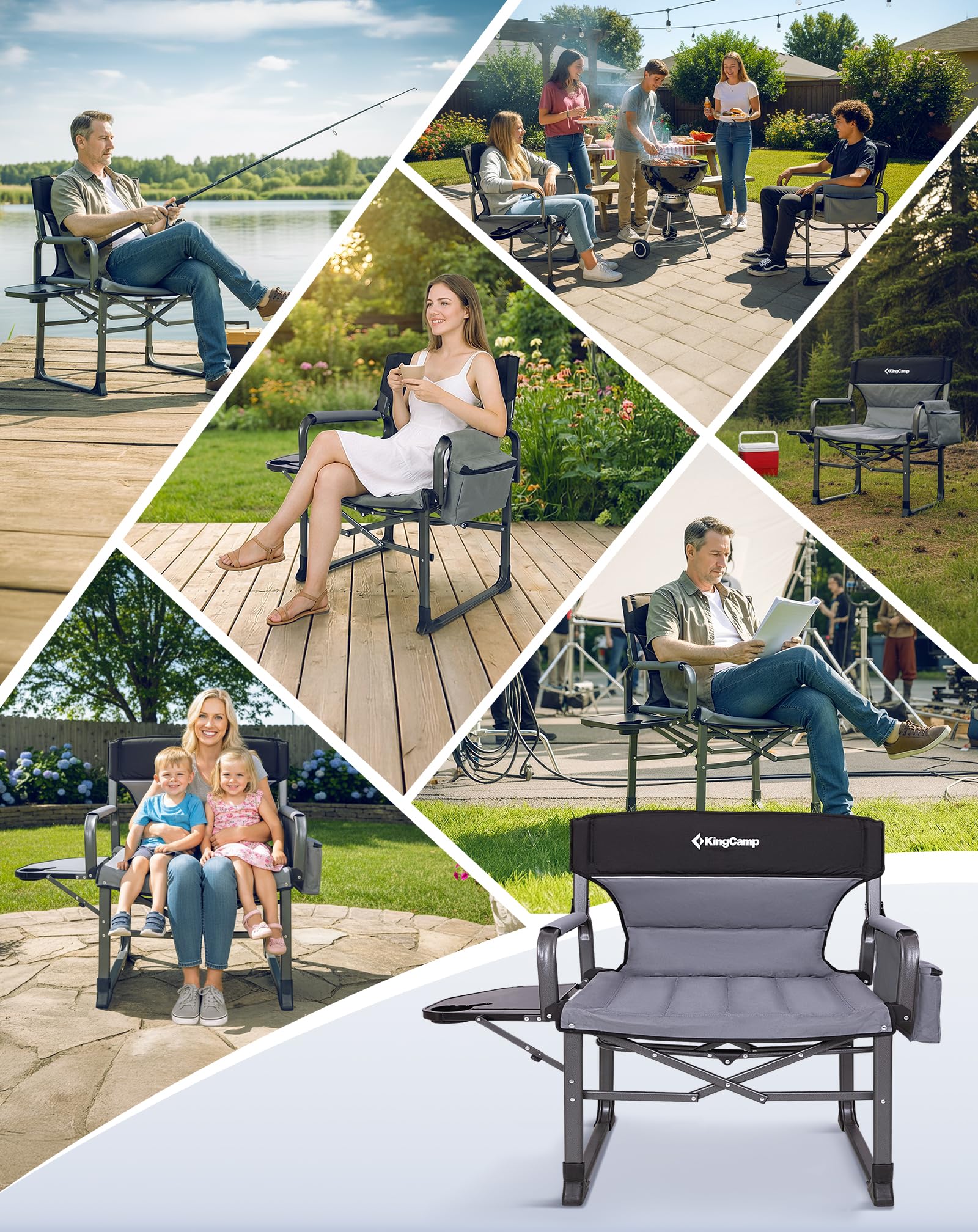 KingCamp XXL Regiestuhl Klappbar mit Extra Breit 80cm Sitzfläche bis 250 kg | Campingstuhl Faltbar mit Seitentisch & Kühltasche, Kompaktes Packmaß, Robuster Tragbarer Angelstuhl für Camping Picknick