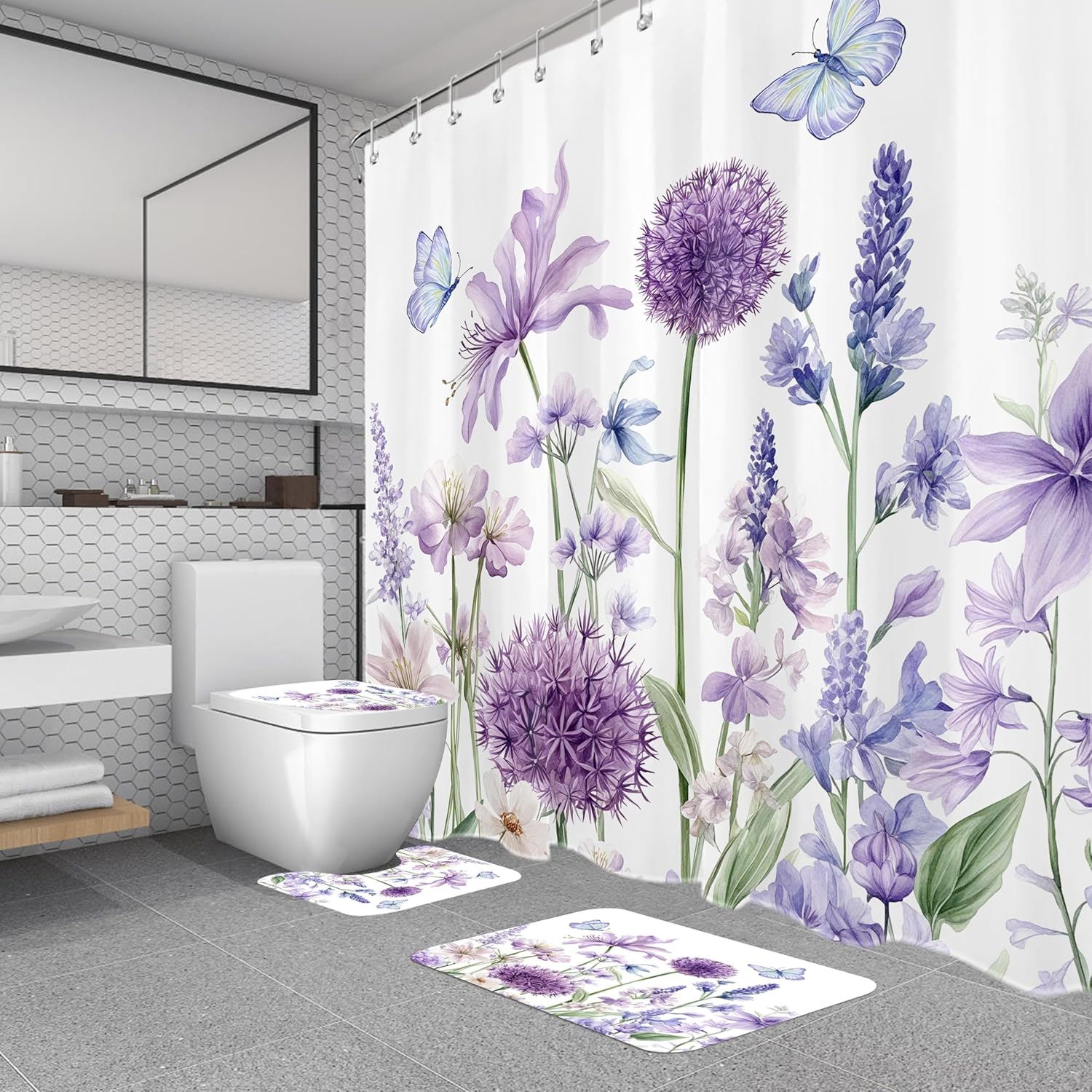 4PCS Purple Floral Shower Curtain Set with Rugs Watercolor Bathroom Decor Lavender Hydrangea Lily Butterfly Shower Curtain Bath Mat Toilet Lid Cover and Rug with 12 Hooks 72x72 Inches