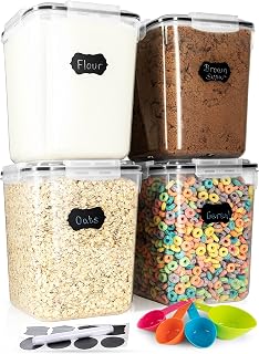 Storeganize 5.3L Airtight Flour Sugar Rice Storage Containers 4-Pack - Large Square Kitchen Pantry Canisters with Lids, Scoops & Labels