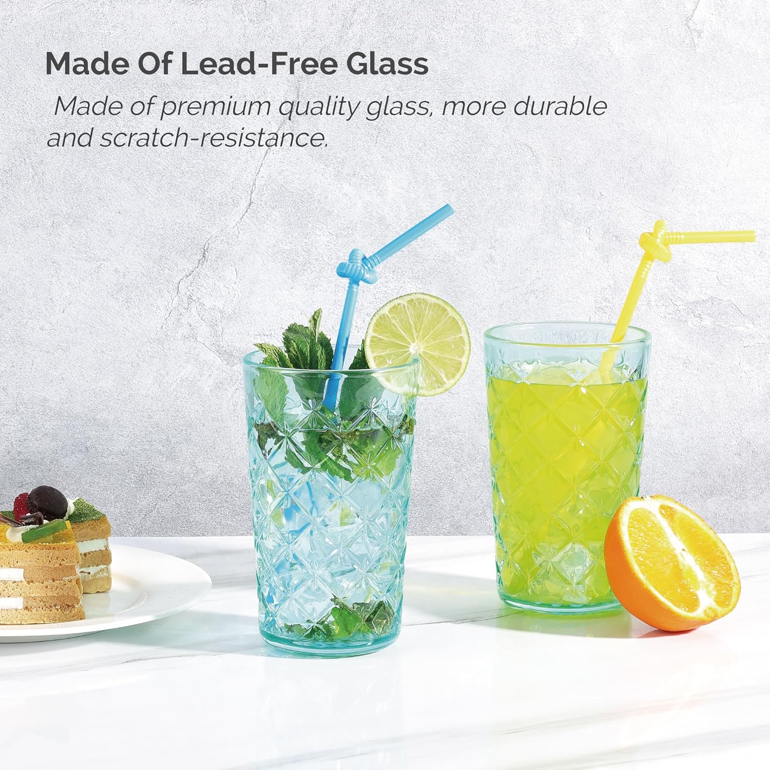 CREATIVELAND Drinking Highball Glasses Set of 4, Vintage Cross Hatch Glass Cups, 15.5oz Tall Drinking Water Glasses, Dishwasher Safe Blue Glass Tumbler Glassware for Water, Juice, Cocktail, Coffee - Image 4