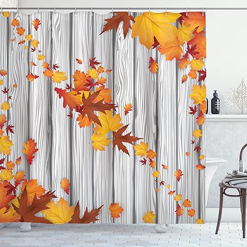 Ambesonne Cortina de ducha de otoño, temática artística de otoño, árbol de arce y hojas diagonales, follaje rústico de tablones de madera, tela para