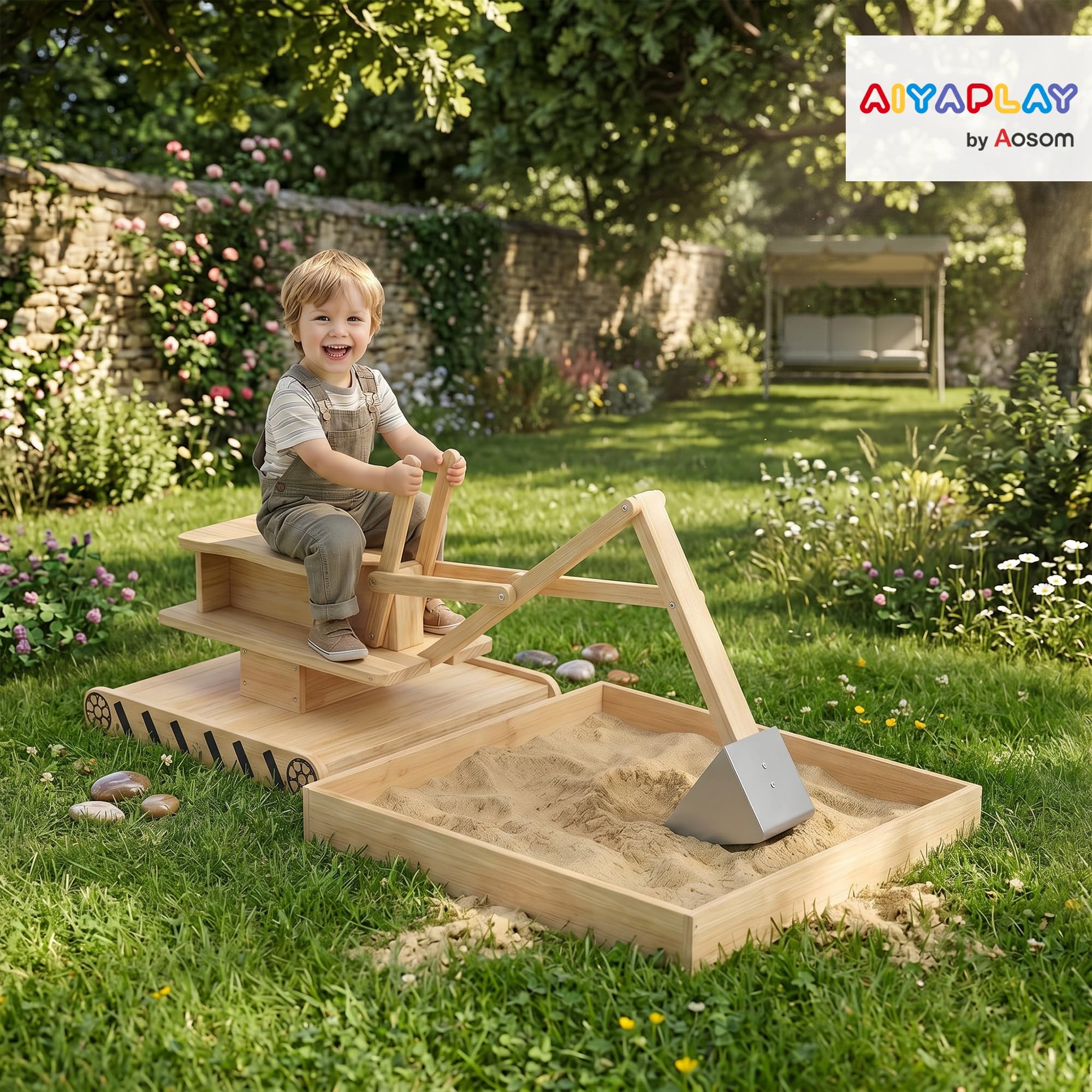 AIYAPLAY Arenero para Niños de Madera con Excavadora, Arenero Infantil con Asiento Giratorio 360° y Forro de Tela no Tejida, sin Motor, Caja de Arena para Niños de 3-6 Años, 184x90x56 cm, Natural