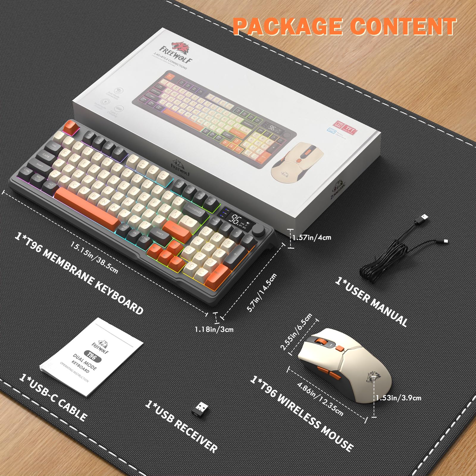 FREEWOLF T96 Bezprzewodowa Klawiatura i Mysz, Bluetooth & 2.4G, Klawisze PBT, Pokrętło Multimedialne, Wyświetlacz, Cicha, Anti-Ghosting, Ładowalna, dla Mac/Windows/Linux –Migotać