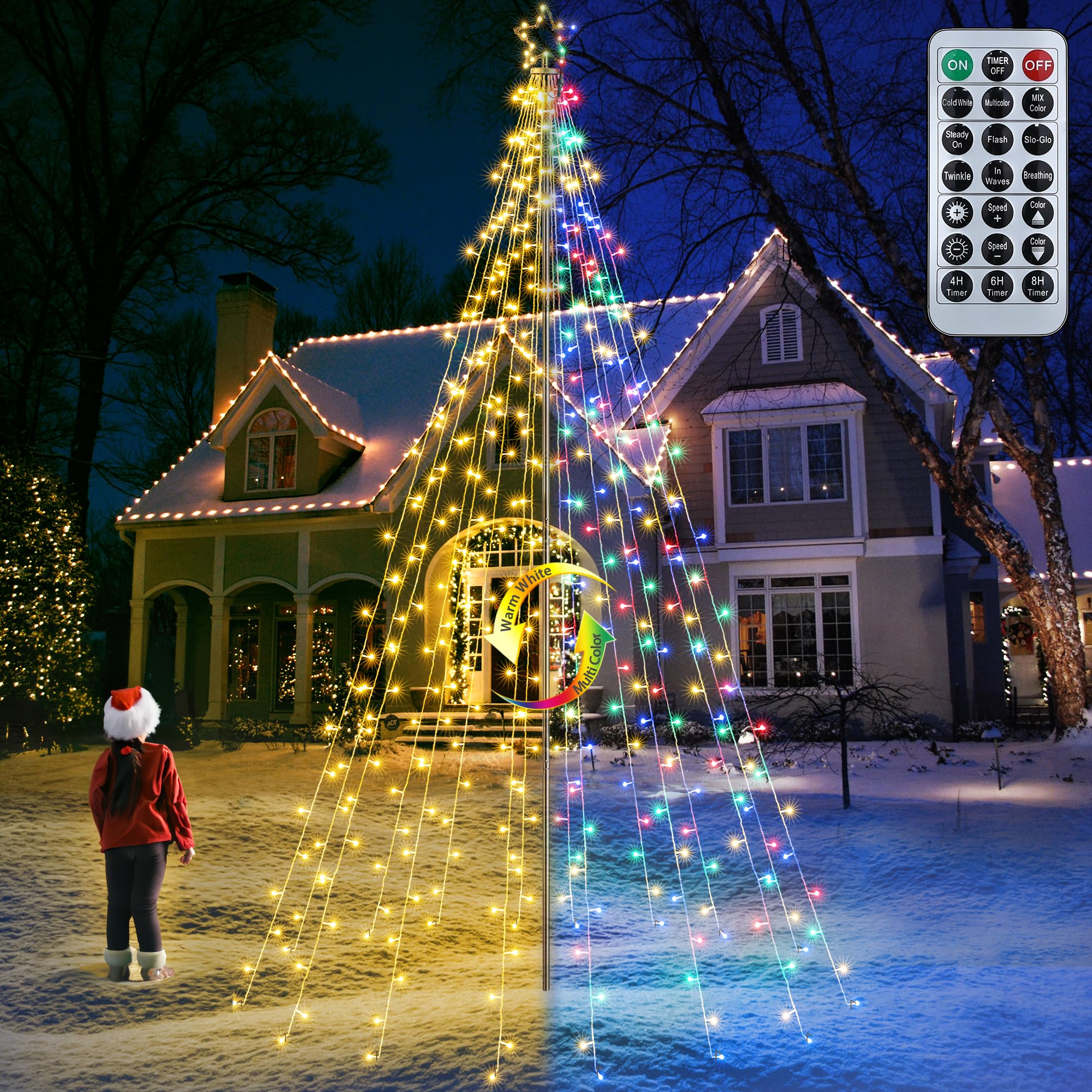 Flacchi Christmas Decorations Outdoor Star String Lights - 10 ft Pole Set with Remote, Multiple Lighting Modes Timer Waterproof for Ultimate Christmas Decor (Warm White &Multicolor, 10 FT/404LED)