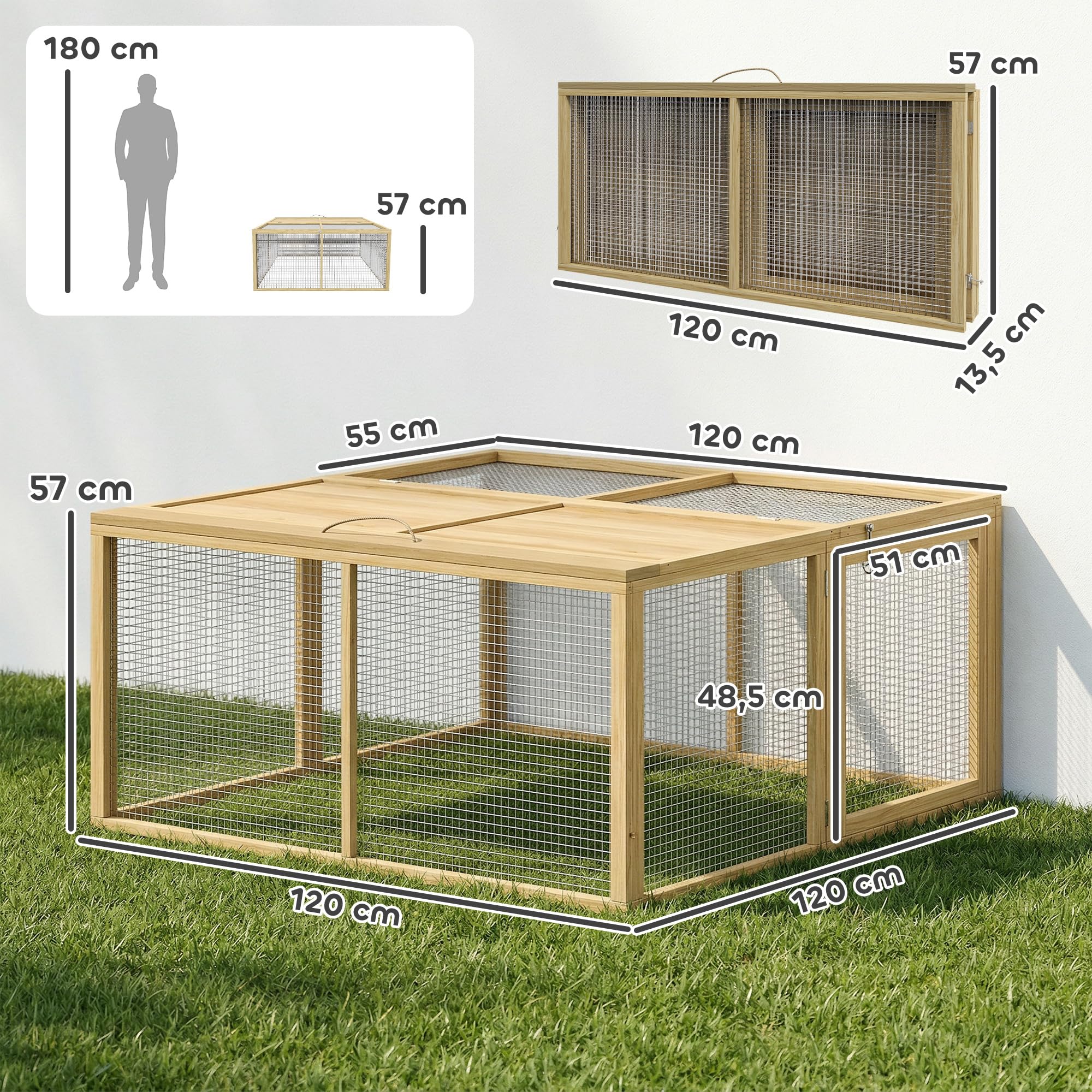 PawHut Recinto coniglio esterno pieghevole con tetto apribile totale, gabbia per coniglio, interno in legno robusto con maniglia, grande parco coniglio 1,44 ㎡ per 2-3 porcellini d'India 120 x 120 x 57