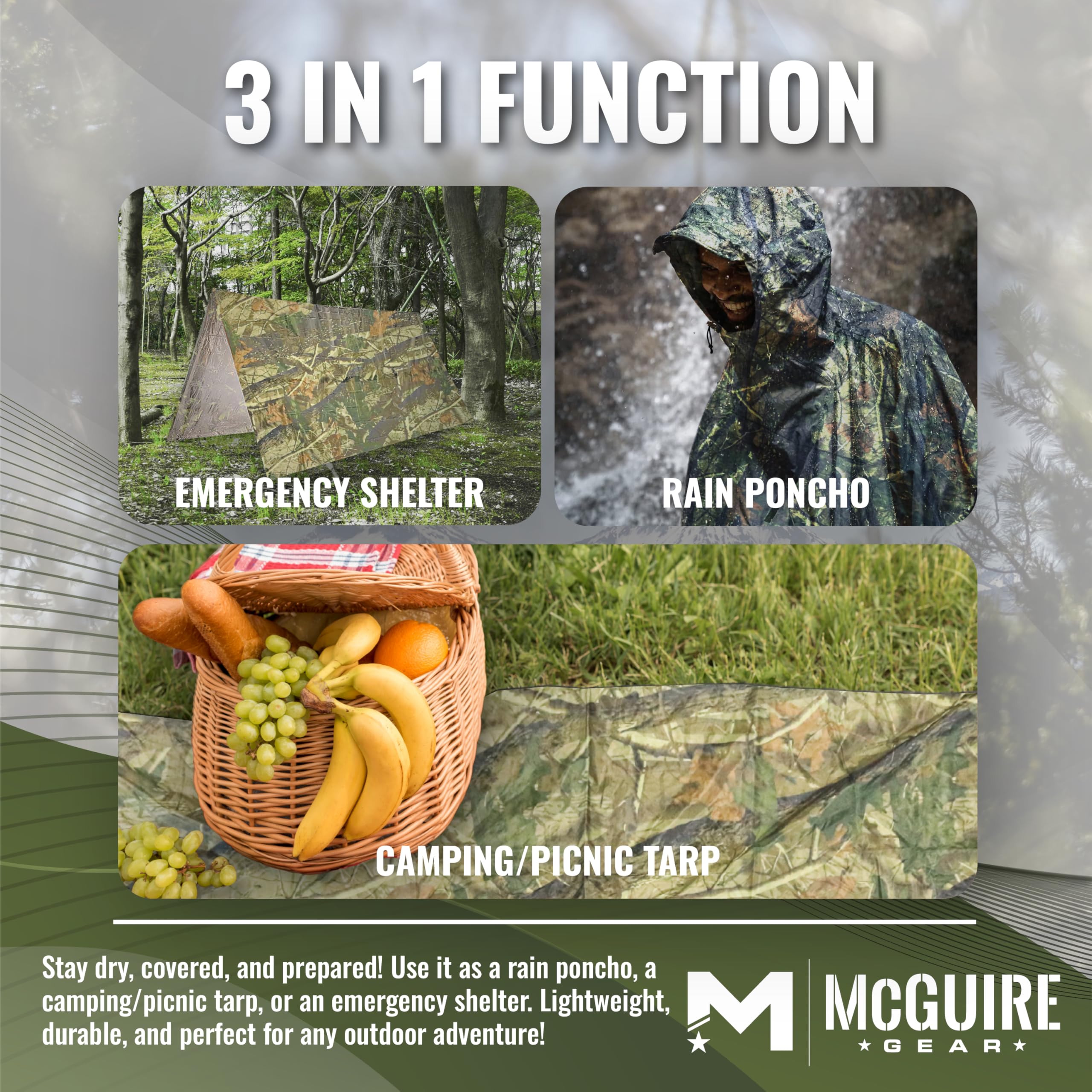 M MCGUIRE GEAR Poncho de lluvia militar con capucha, chaqueta de lluvia de emergencia para exteriores, poncho impermeable para adultos, senderismo, camping