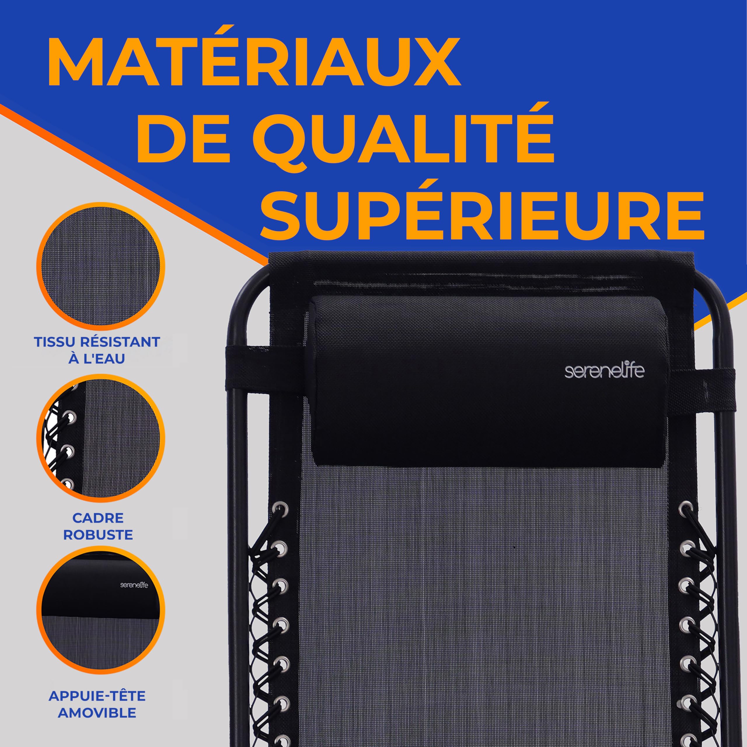 SereneLife Set de 2 Chaises Pliantes - Chaise Longue Réglable pour Extérieur avec Table Latérale, Porte-Gobelets, Oreillers Amovibles - Patio, Jardin, Plage - Noir