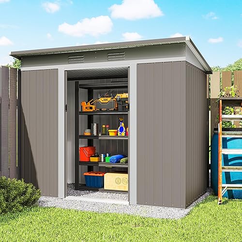 Miniatura 9 de Outsunny Cobertizo de metal de 8 x 4 pies, cobertizo de almacenamiento al aire libre, casa de herramientas de jardín con puertas correderas dobles,
