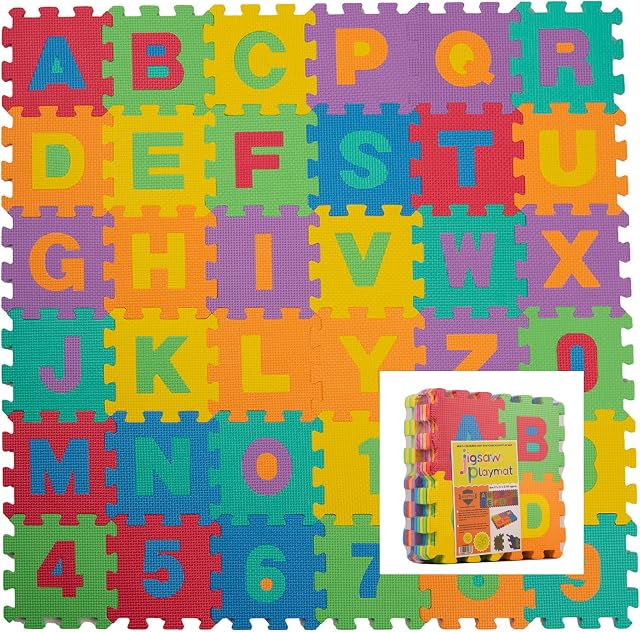 ADEPTNA 36 PCS MULTI-COLOURED SOFT EVA FOAM JIGSAW PLAY MAT LETTERS AND NUMBERS - ALPHABET FLOOR MAT FOR KIDS PLAY ROOM - EACH TILE MEASURES 15.4CM X 15.4CM X 1CM