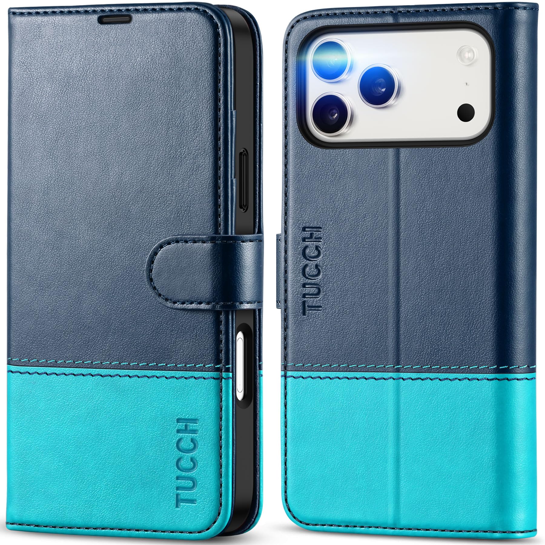 TUCCH Cover per iPhone 17 Pro Max 6,9-pollici 5G 2025 [Blocco RFID] Portafoglio | Custodia Pelle Sintetica Antiurto TPU, Pieghevole Slot Schede Elevata Protezione Chiusura Magnetica, Blu & Blu Lago