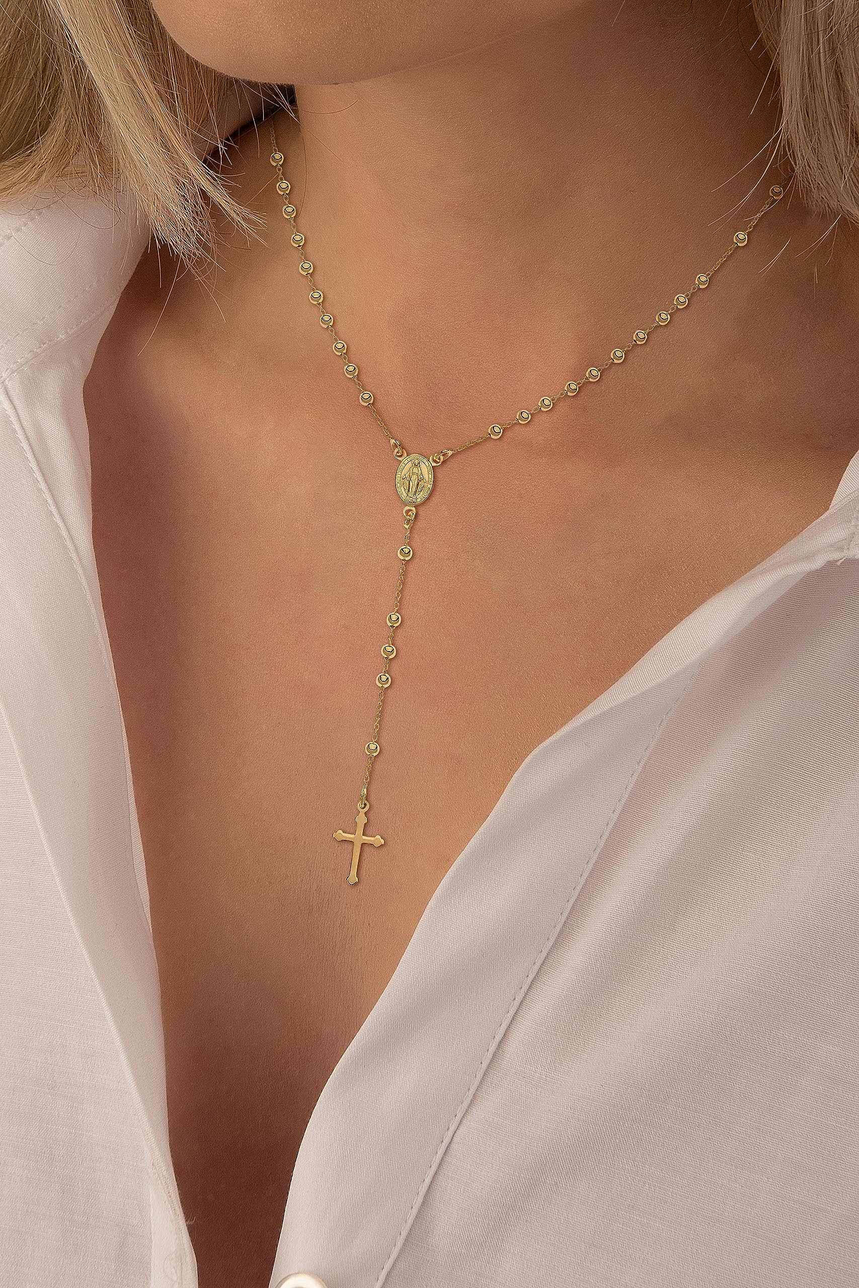 AKA Gioielli® - Rosenkranz Halskette 925 Silber 18 Karat Vergoldet mit Jungfrau Maria und Kreuz anhänger für Damen und Herren