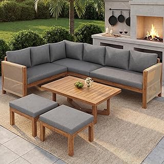 7-8 Sitzer Gartenmöbel-Set aus Akazienholz, Lounge Möbel Outdoor mit Ecksofa, Modulare Outdoor Sofa Set mit 2 Hockern & Tisch, Garten Loungemöbel Set mit Kissen für Terrasse und Balkon, Grau