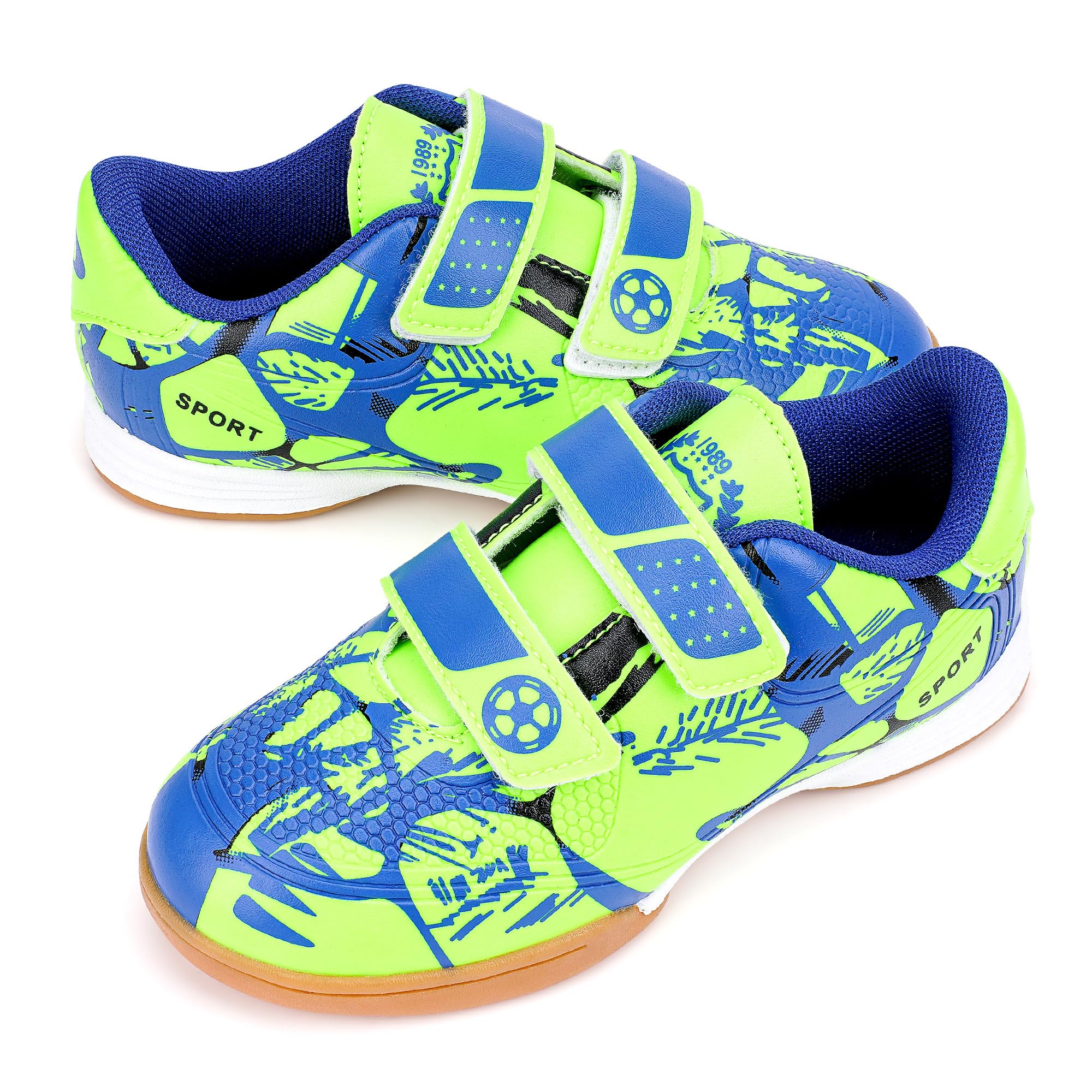 Linkidea Kids Laceless Indoor Soccer Shoes, Rubber Outsole Anti-Slip Sneaker, Futsal Training Cleats for Boys and Girls (Green)