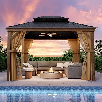 COSIEST 10X12 FT Hardtop Gazebo Rustproof Double Roof Metal Gazebo with Woodgrain Steel Columns & Netting Curtains Poolside,Deck,BBQ Area Wooden Look