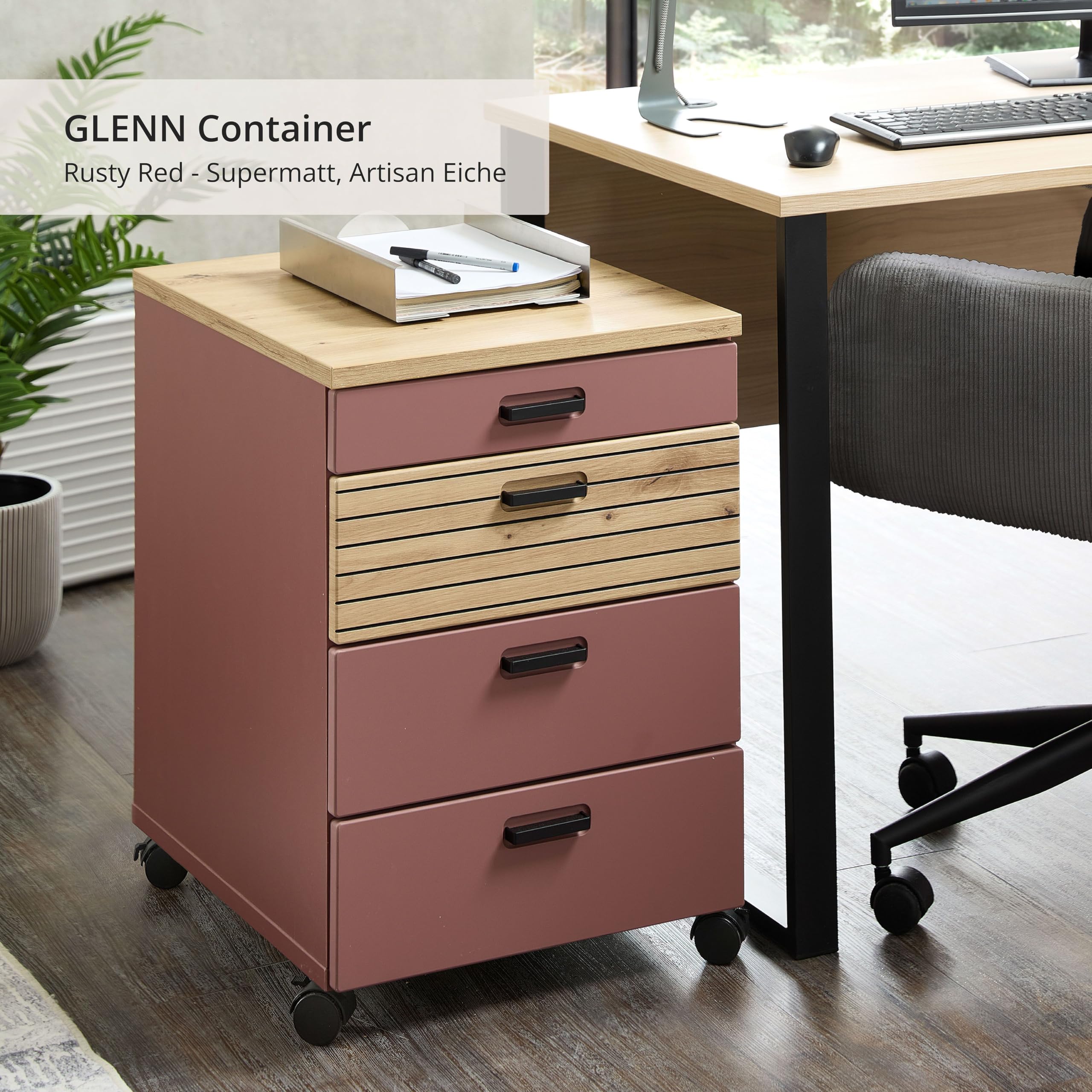 GLENN Rollcontainer Schreibtisch Rusty Red Artisan Eiche Optik | 45 x 66 x 55 cm (B/H/T), 4 Schubkästen, Lamellenoptik, 4 Rollen mit Bremse, abnehmbarer Sockel, Büro