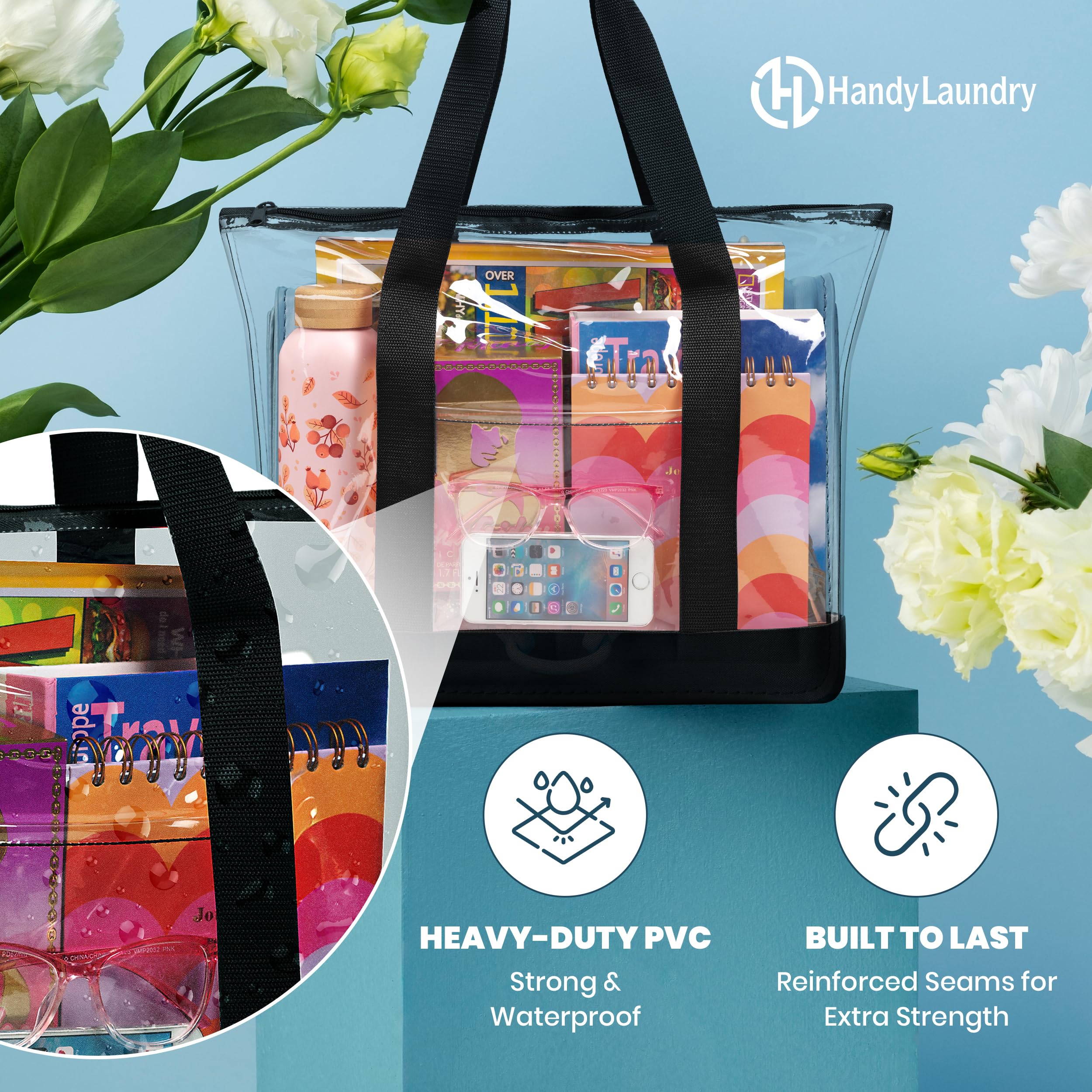 Bolsa de mano transparente, cierre de cremallera, correa de hombro larga, ribete de tela, (negro) 3