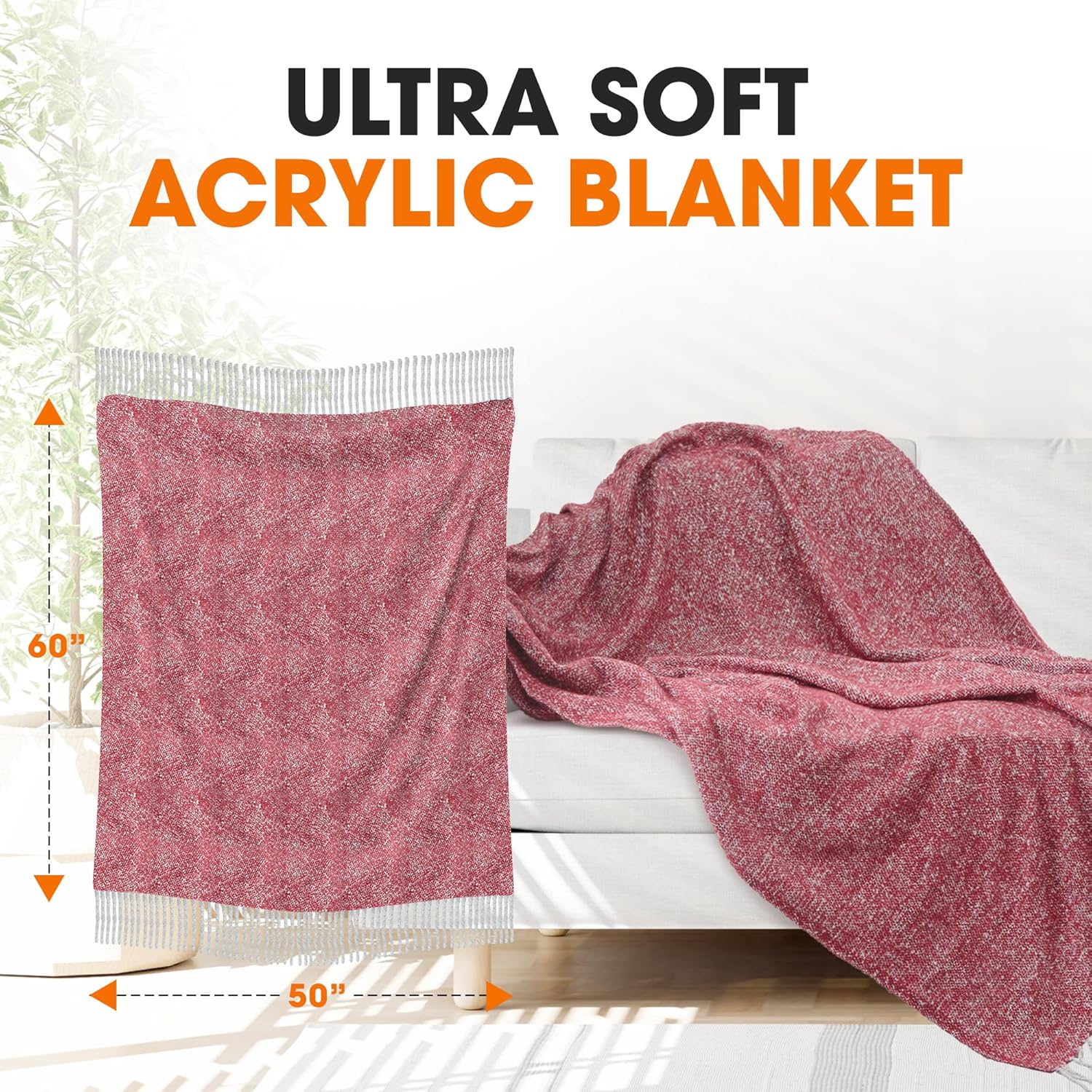 Cheer Collection Cable Knit Throw Blanket, Thick, Cozy & Soft Knitted Blanket with Fringes for Couch, Sofa & Bed, Warm Cotton Knit Throw Blanket for All Seasons - 50" x 60", Burgundy