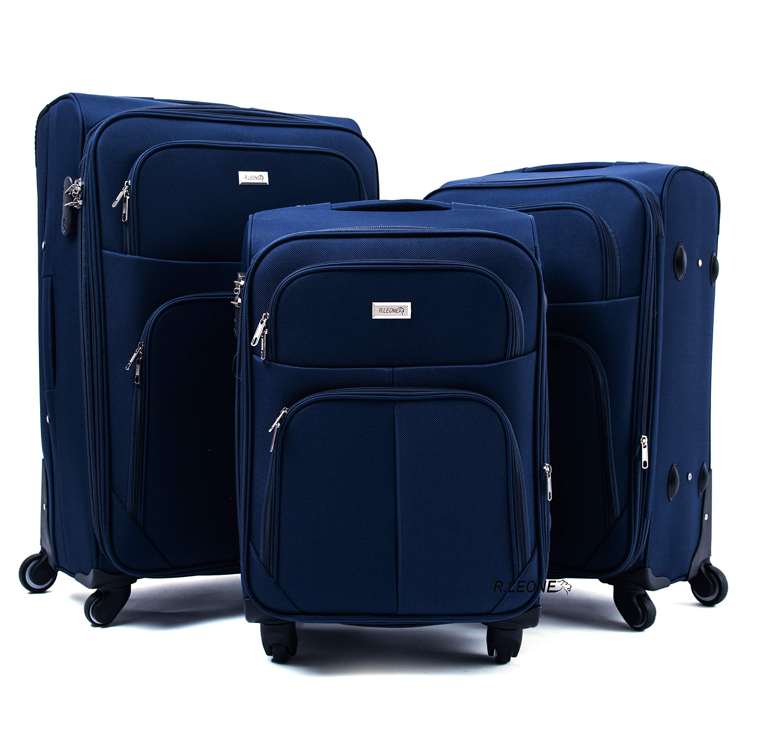 R.Leone Valigia da 1 pezzo Fino a Set 3 Trolley Espandibile grande, medio e bagaglio a mano 4 ruote in stoffa 214 (Blu, Set 3 S M L)