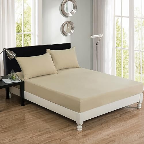 Miniatura 2 de DaDa Bedding - Sábana bajera ajustable de algodón suave con fundas de almohada (3 unidades), color beige