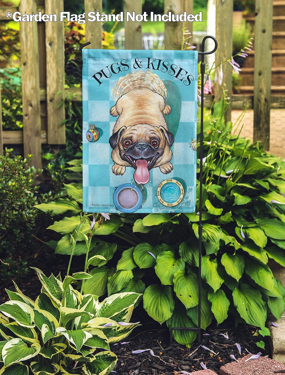 Flagology, Gary Patterson Kisses Pug – Garden Flag 12" x 18", Outdoor Flag, Exclusive Premium Fabric, Dog Humor