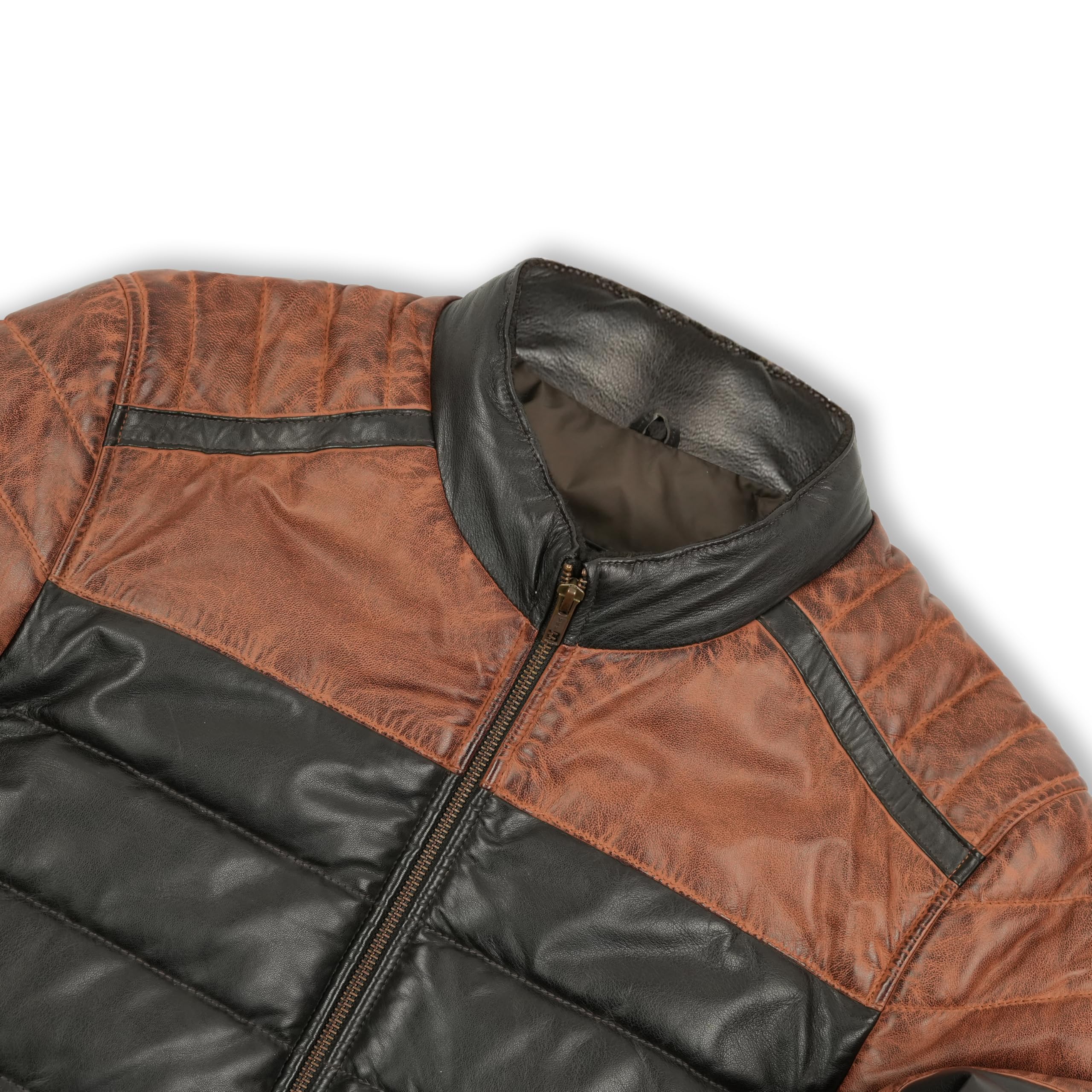 Leatherick Chaqueta acolchada bitono de piel de cordero para hombre: piel auténtica con forro aislante de burbujas, cierre de cremallera y diseño multibolsillos.