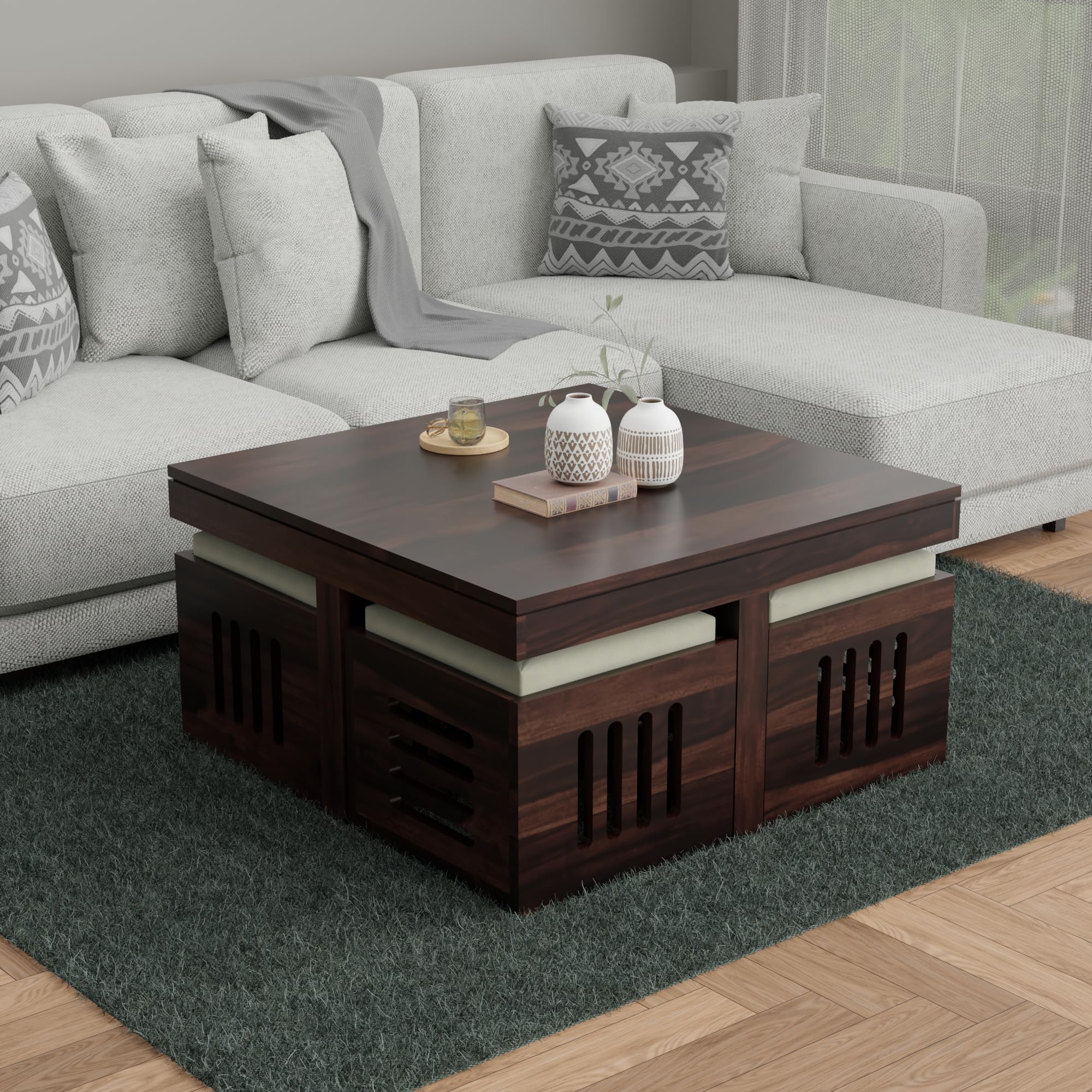 Solid Sheesham Wood Coffee Table with 4 Stools | Square Centre Table with Stool | Dark Walnut, Pre Assembled-image-2