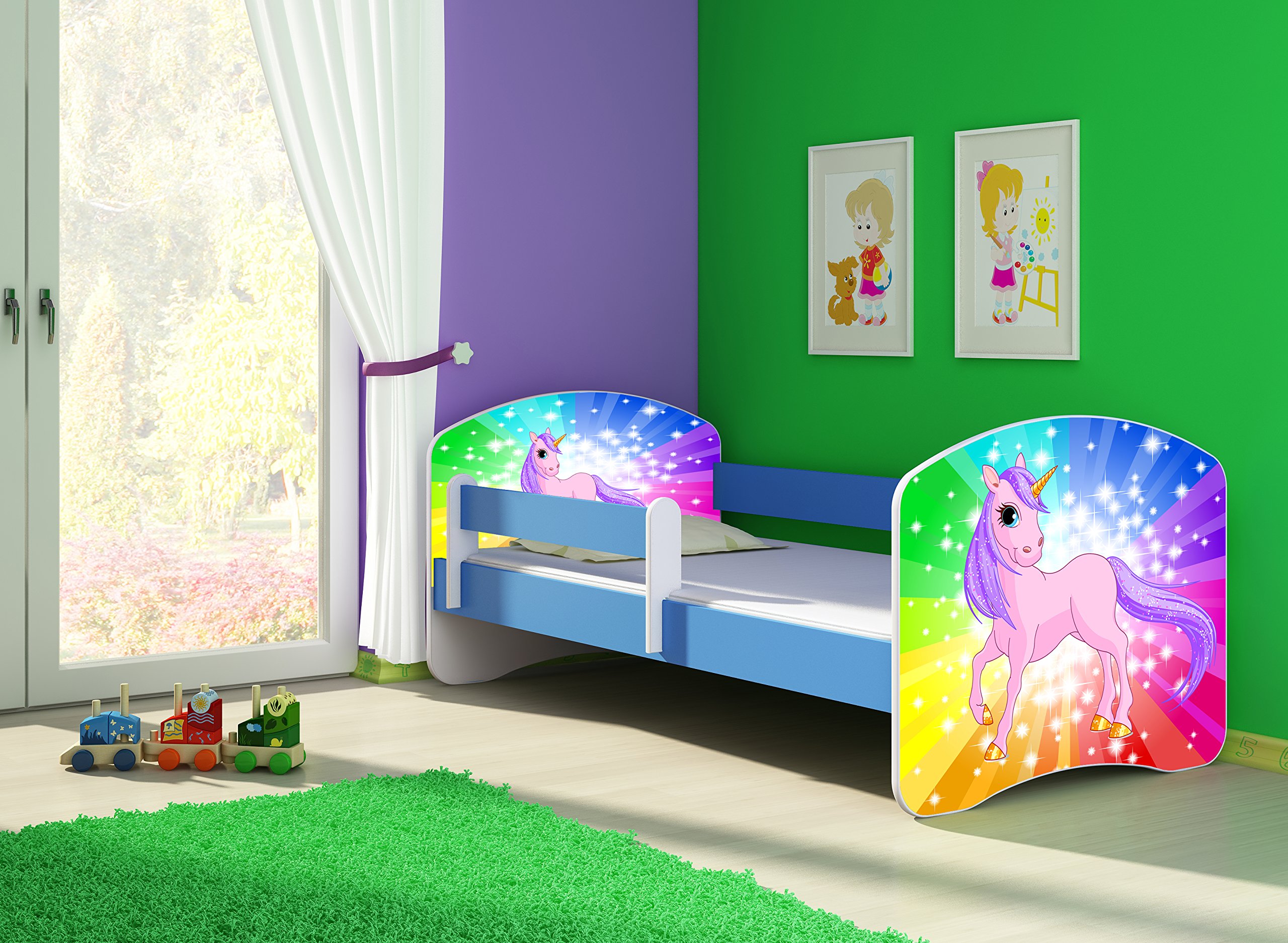 ACMA Kinderbett 160x80 cm Blau mit Matratze & Lattenrost – Jugendbett mit Rausfallschutz, personalisiertes Motiv 18 Pony Regenbogen, stabiles Kinderbett für Kinderzimmer, belastbar bis 120 kg