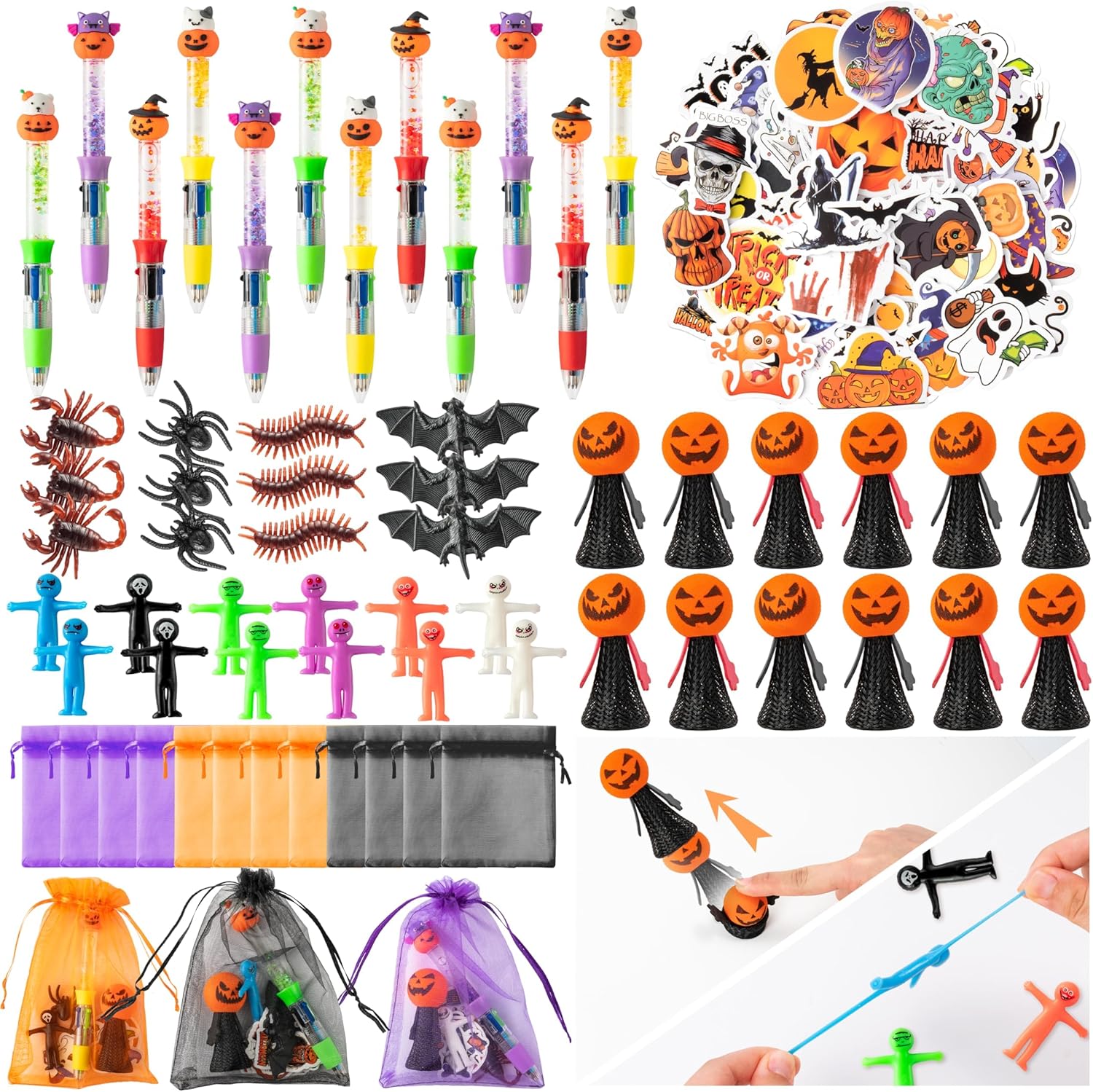 CY2SIDE Halloween Themed Party Favor - 12 Pack Halloween Glitter 4-in-1 Pumpkin Ballpoint Pen Jumping Popper Bouncy Bat Toy Figure StretchyMen Fidget Sticker and Organza Goodie Bag Filler Gift for Kid