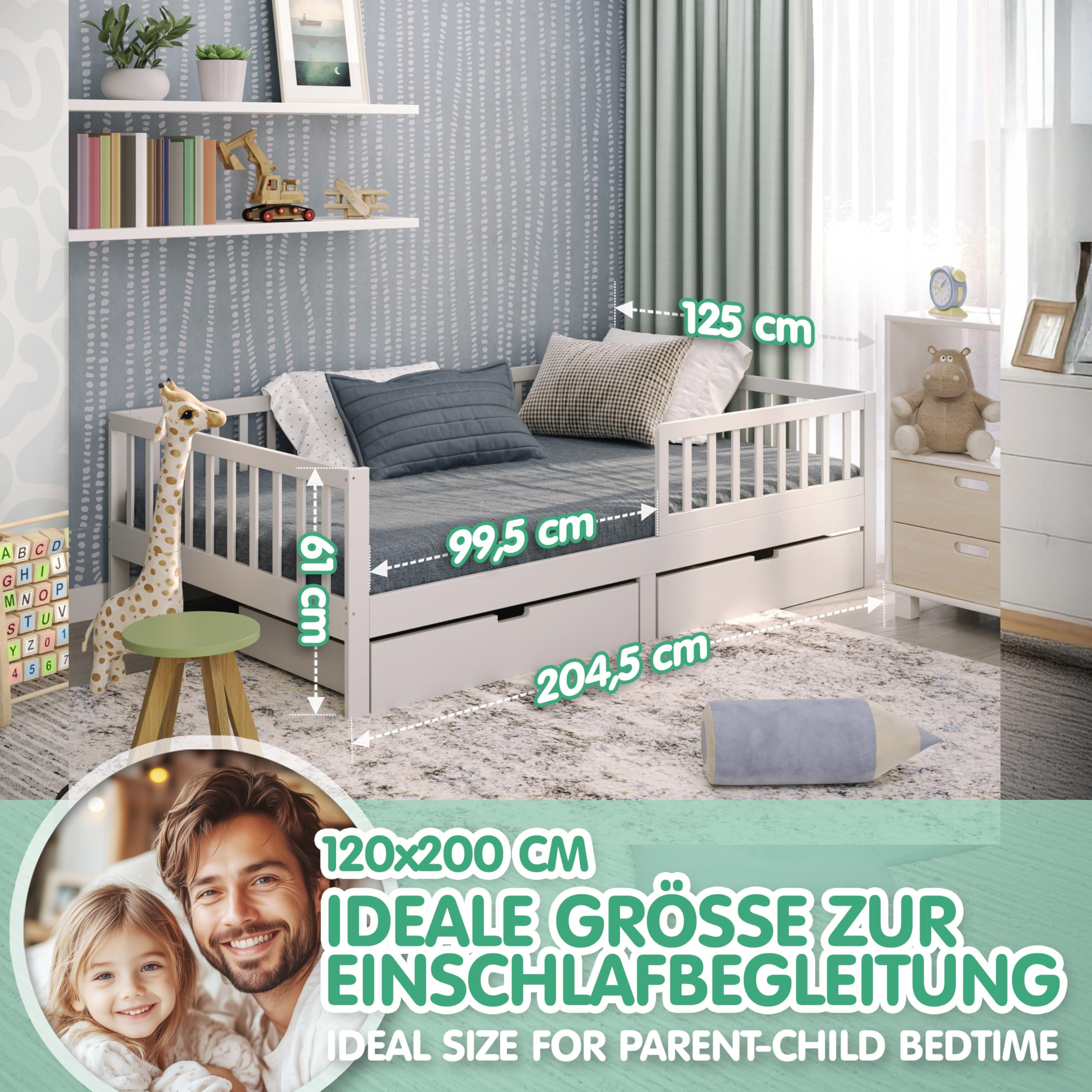 CADANI Nik Kinderbett 120x200 cm – Juniorbett & Jugendbett mit abnehmbarem Rausfallschutz, bis 200 kg belastbar, extra stabiles Einzelbett inkl. Roll-Lattenrost | bis 200 kg belastbar