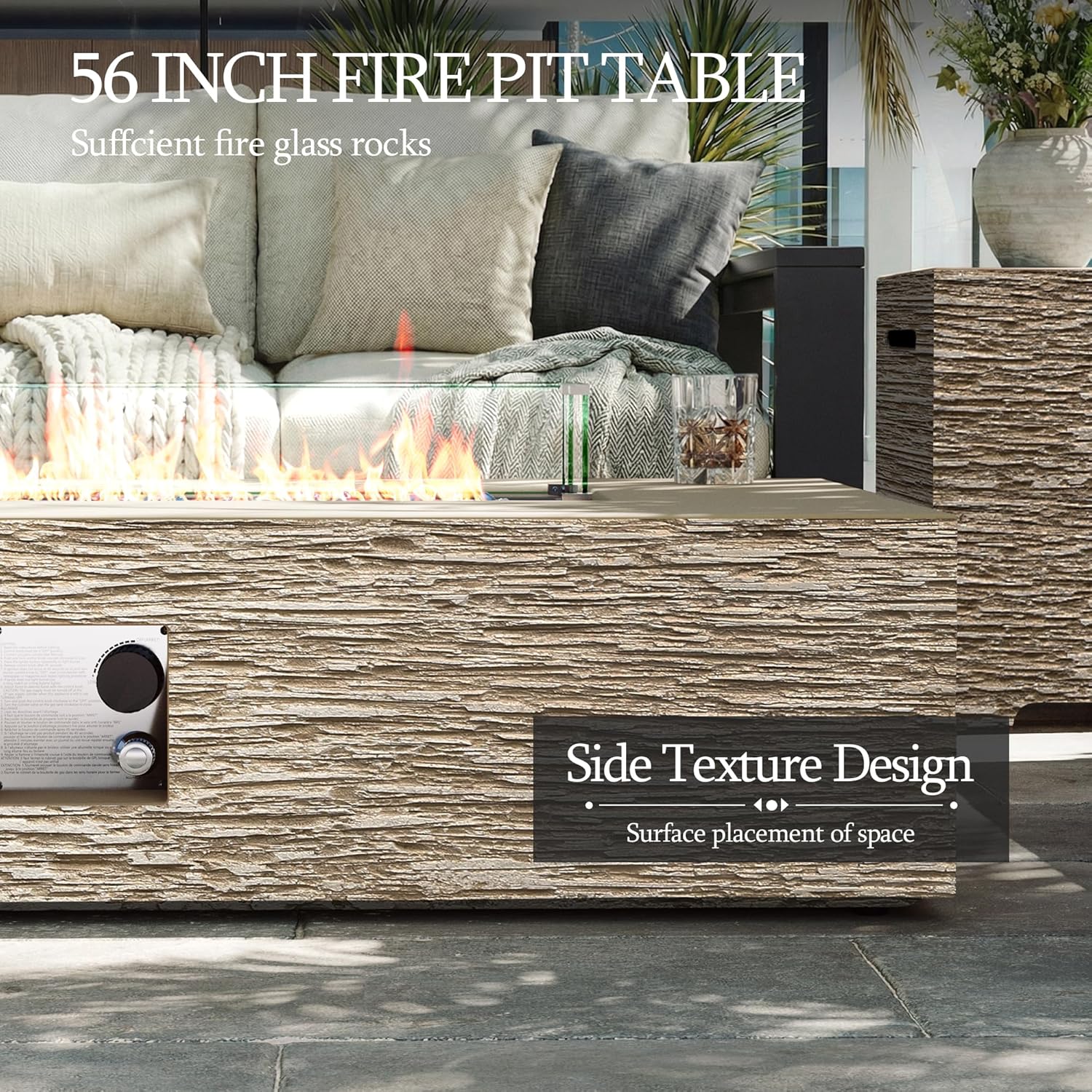 UPHA 56-inch Outdoor Propane Gas Fire Pit Table 50000 BTU Concrete Rectangle FirePit for Outside Patio with Propane Tank Cover, Wind Guad, Blue Glass Rocks, Rain Cover, Beige