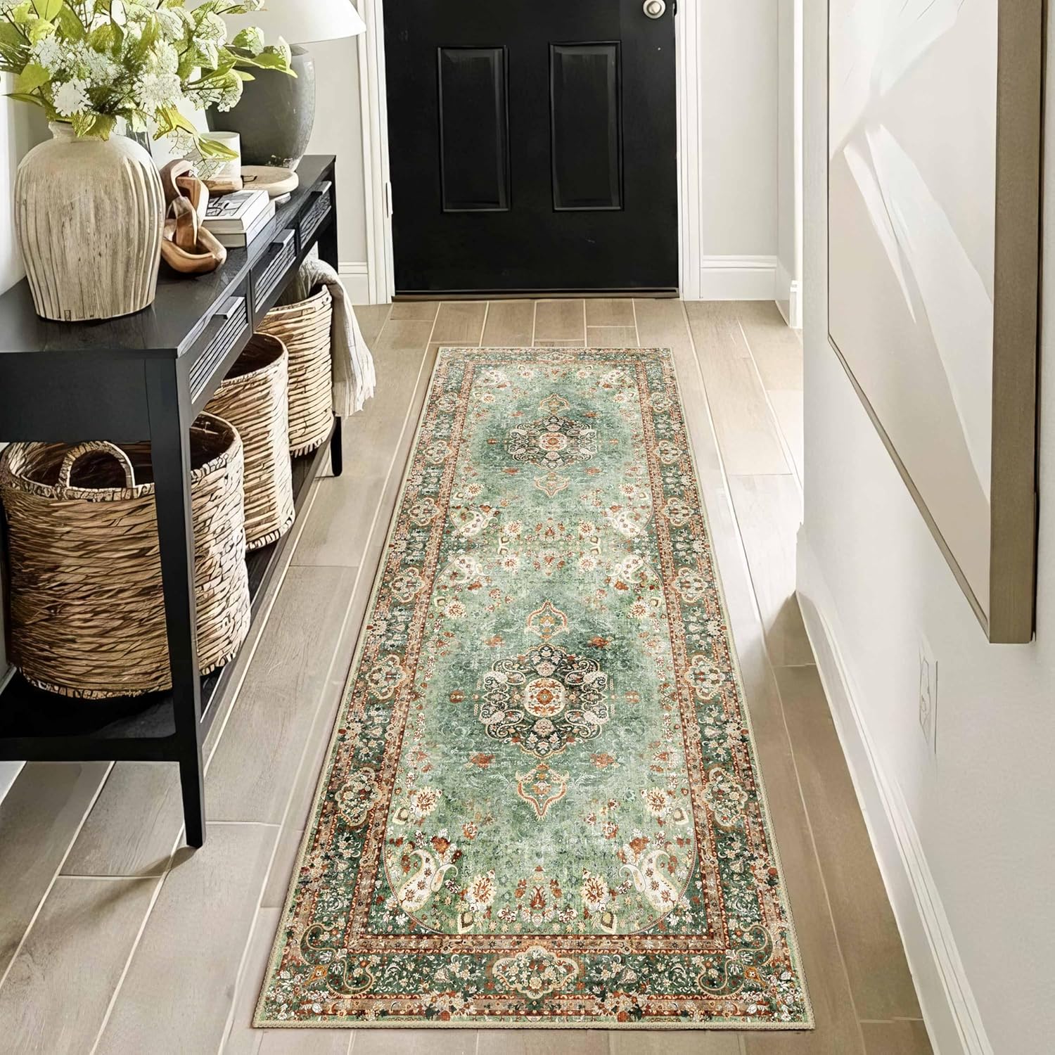 Green Floral 2' x 6' Washable Non-Slip Runner Rug