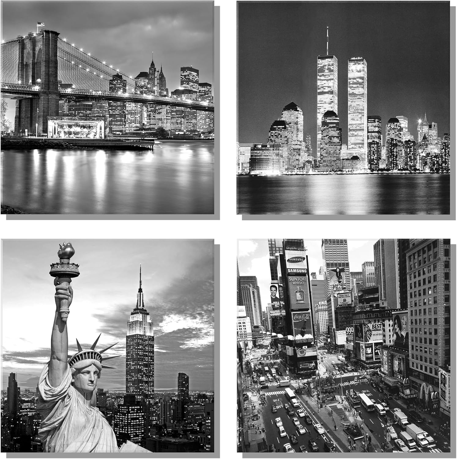 Canvas Art Black and White New York City Brooklyn Bridge Statue of Liberty Contemporary Decorations for Living Room Office Bedroom Home Decor(12"x 12"x 4pcs Framed)
