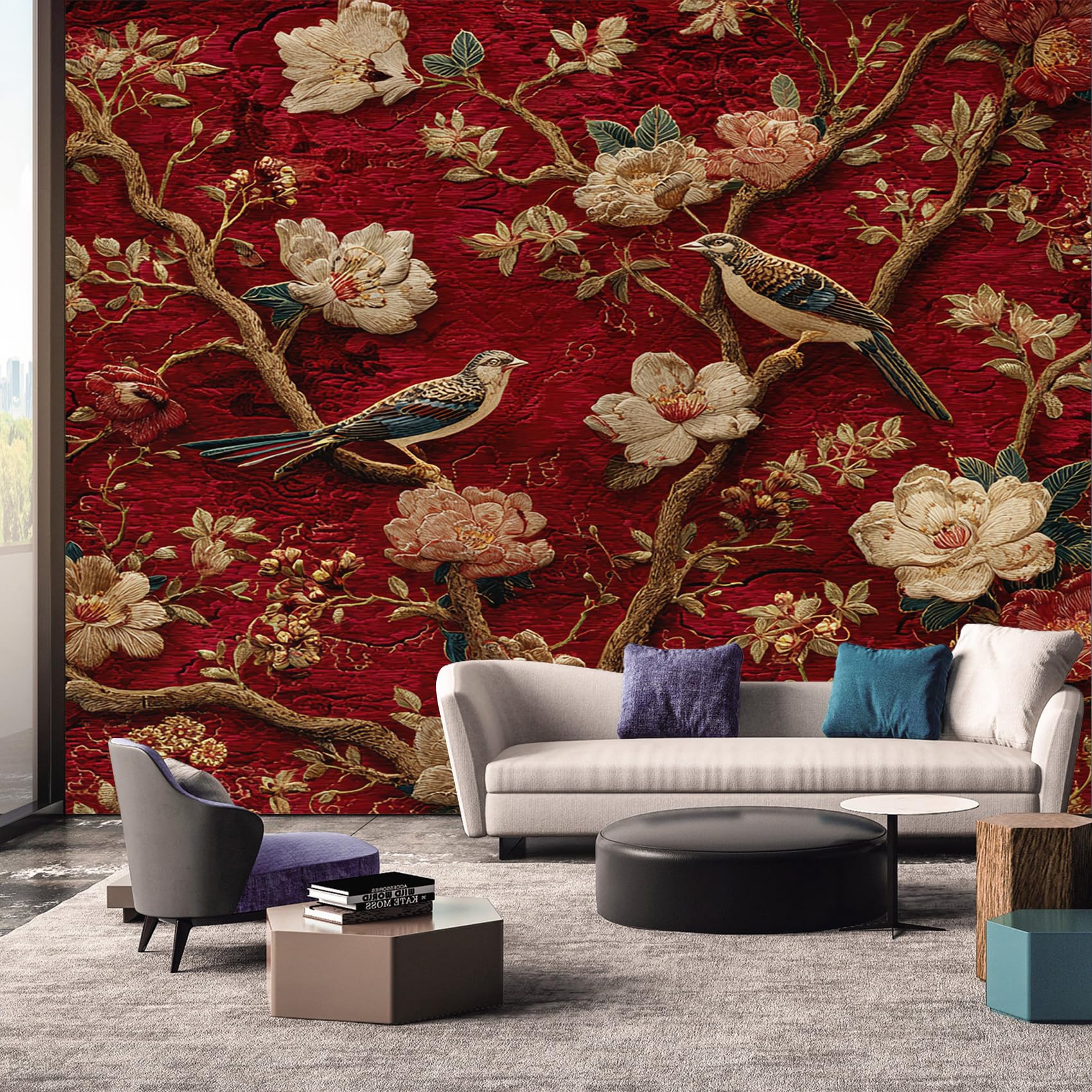 Chinese Wallpaper, Japanese Bird Flroal Branch Mural Wallpaper, Chinese Room Decor Wall Art for Living Room Bedroom Kitchen 500L x 280W cm