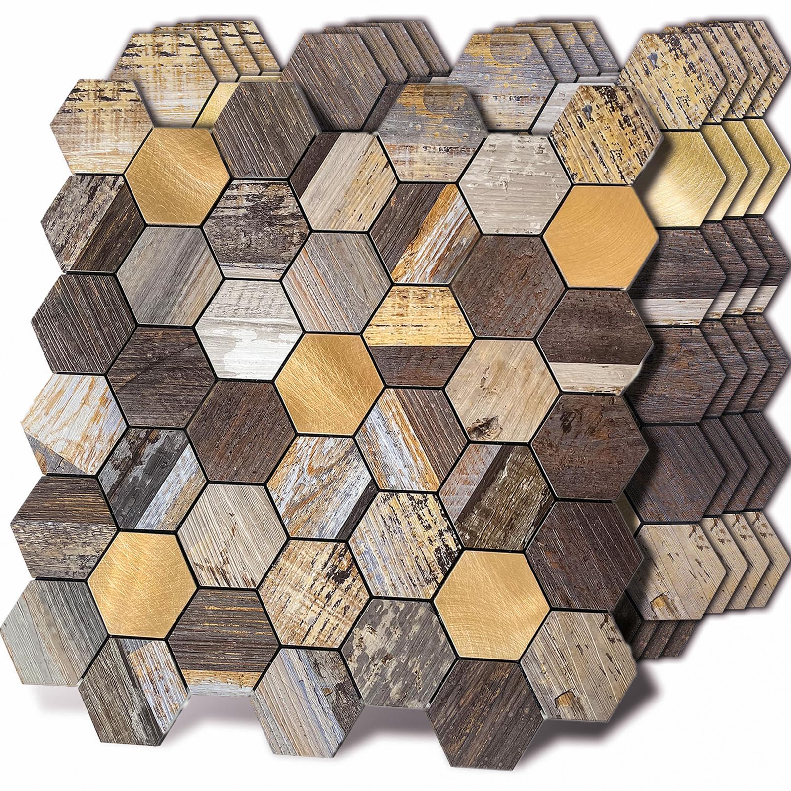 TenasHome 10-Sheets Backsplash Peel and Stick Hexagon Tile Stick on Kitchen Bathroom Fireplace 3D Metal PVC Wood in Spruce Brown&Gold