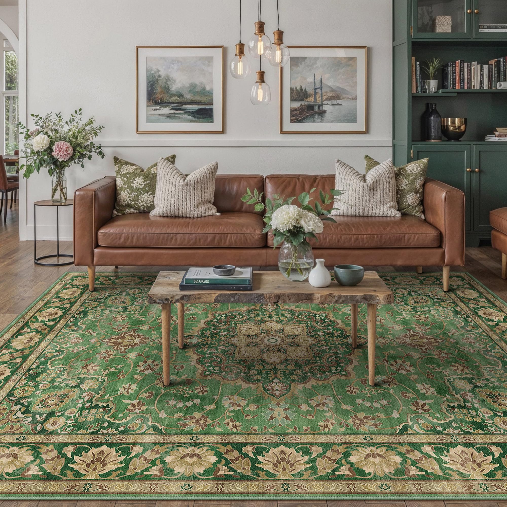 160x230cm Washable Green Rugs for Bedroom Living Room, Vintage Soft Area Gold Rugs with Non-Slip Backing, Lightweight Low Pile Printed Cosy Carpet for Kitchen Office Dining Room Playroom