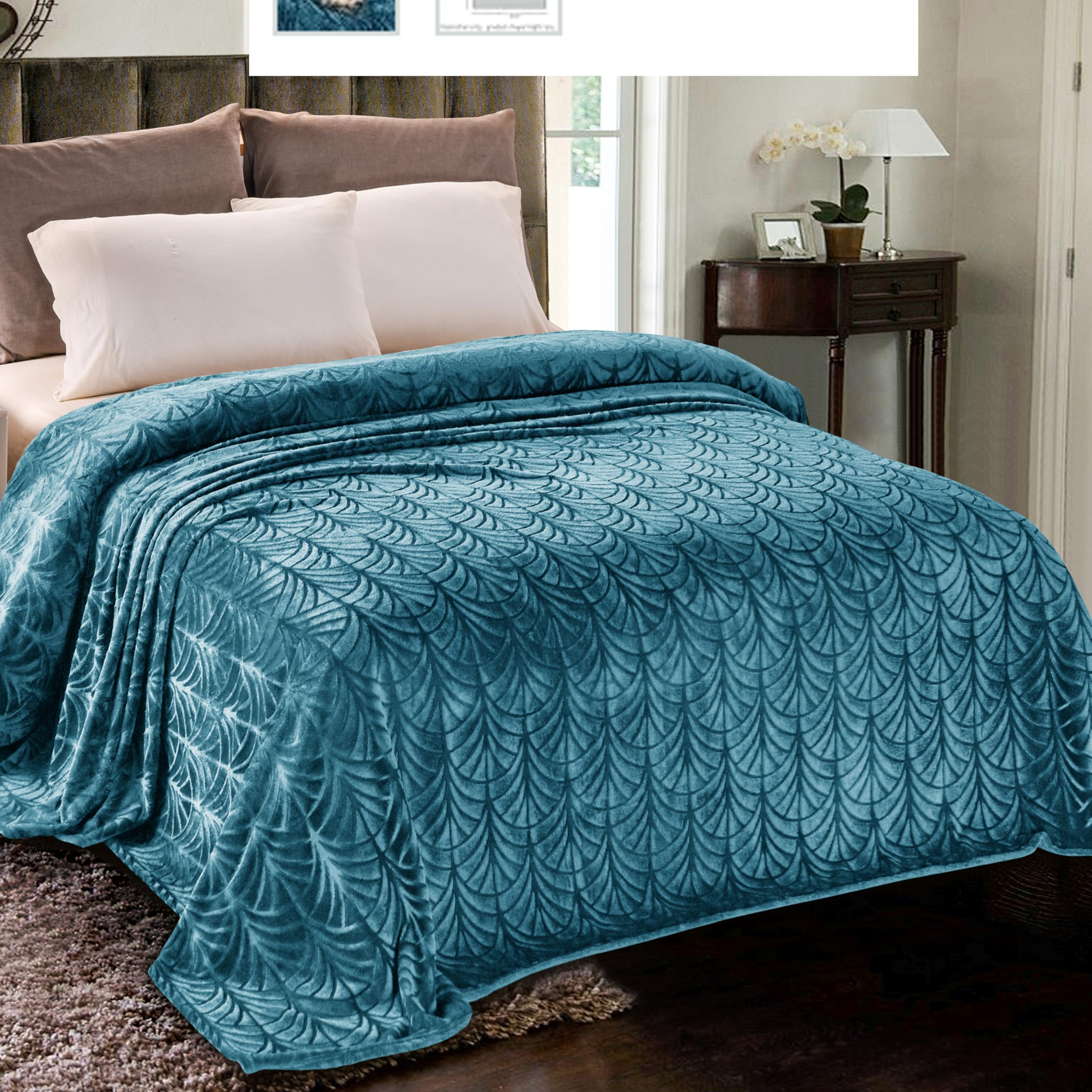 Whale Flotilla Flannel Fleece Queen Size Blanket for Bed, Soft Fluffy Velvet Bedspread Coverlet with Decorative Vintage Pattern for All Season, Warm and Lightweight, 90x90 Inch, Teal