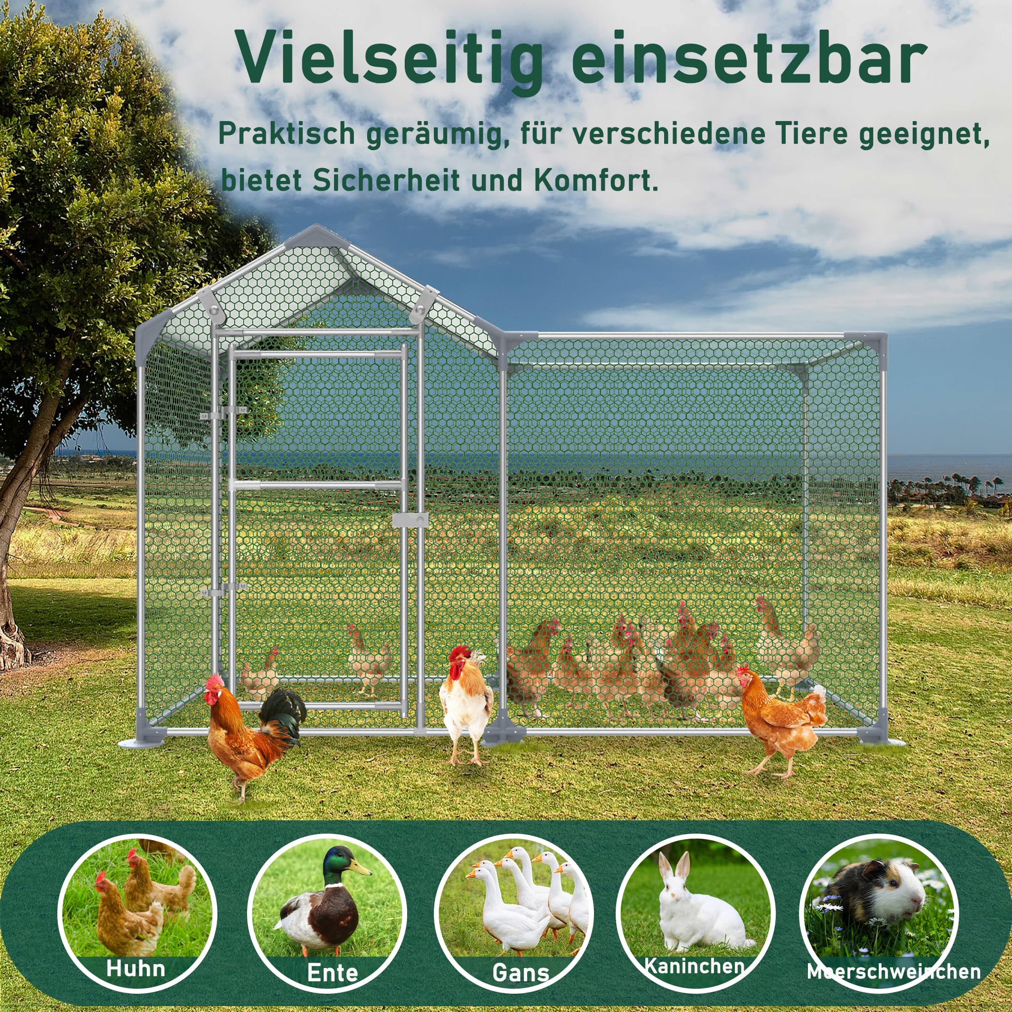 Gallinero con tubo de acero galvanizado, con techo de PE y clavos de suelo, Gallinero, rejilla de alambre recubierta de PVC, para pollos, jaula de pájaros, jaula para mascotas, 2 x 1 m (largo