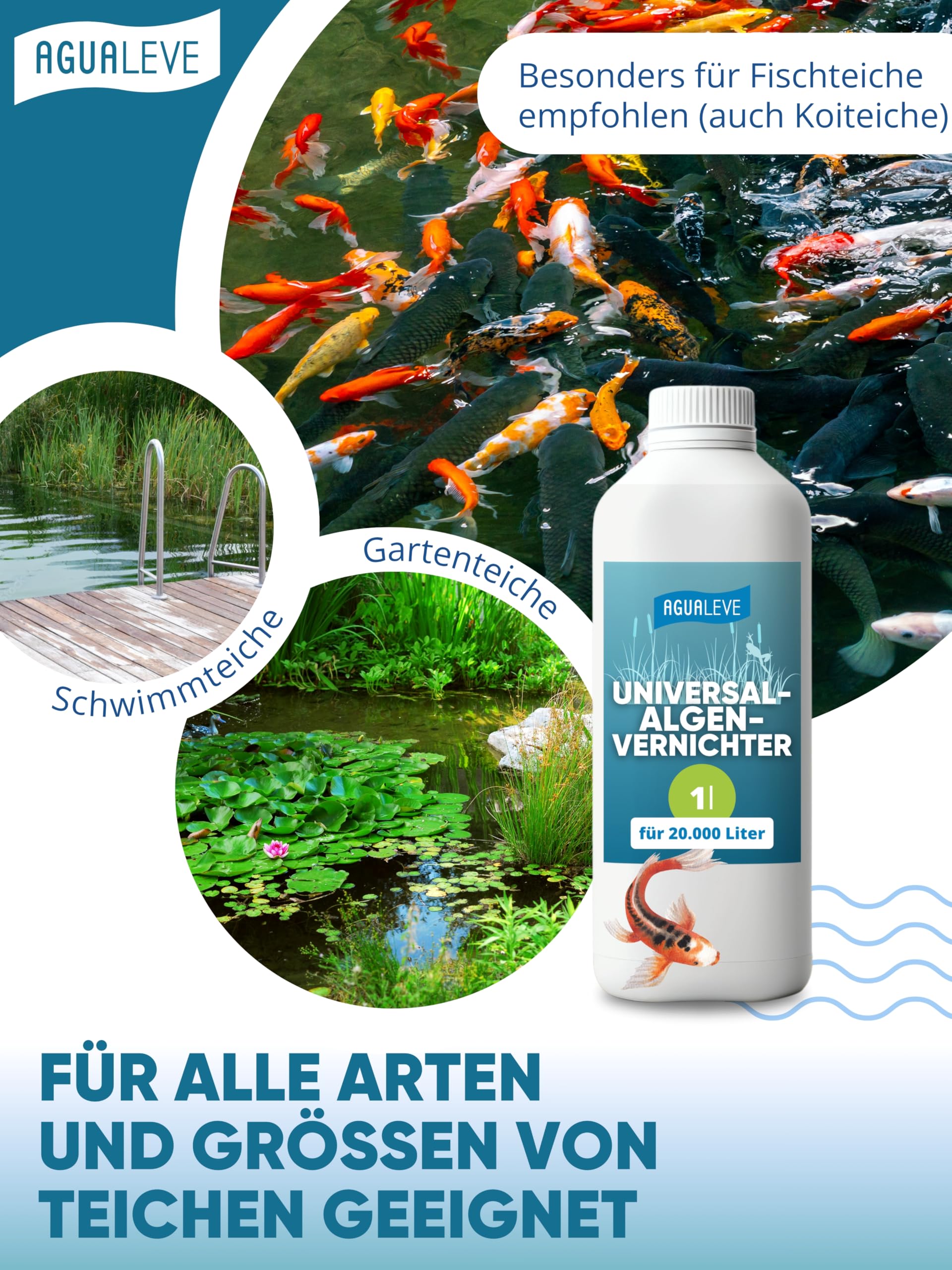 AGUALEVE® Universal-Algenvernichter 1l *NEU* | effektiv gegen alle Arten von Teichalgen mit innovativer Solar-Guard-Formel | Fisch-, Garten- & Schwimmteiche | Made in Germany | 20.000l Teichwasser