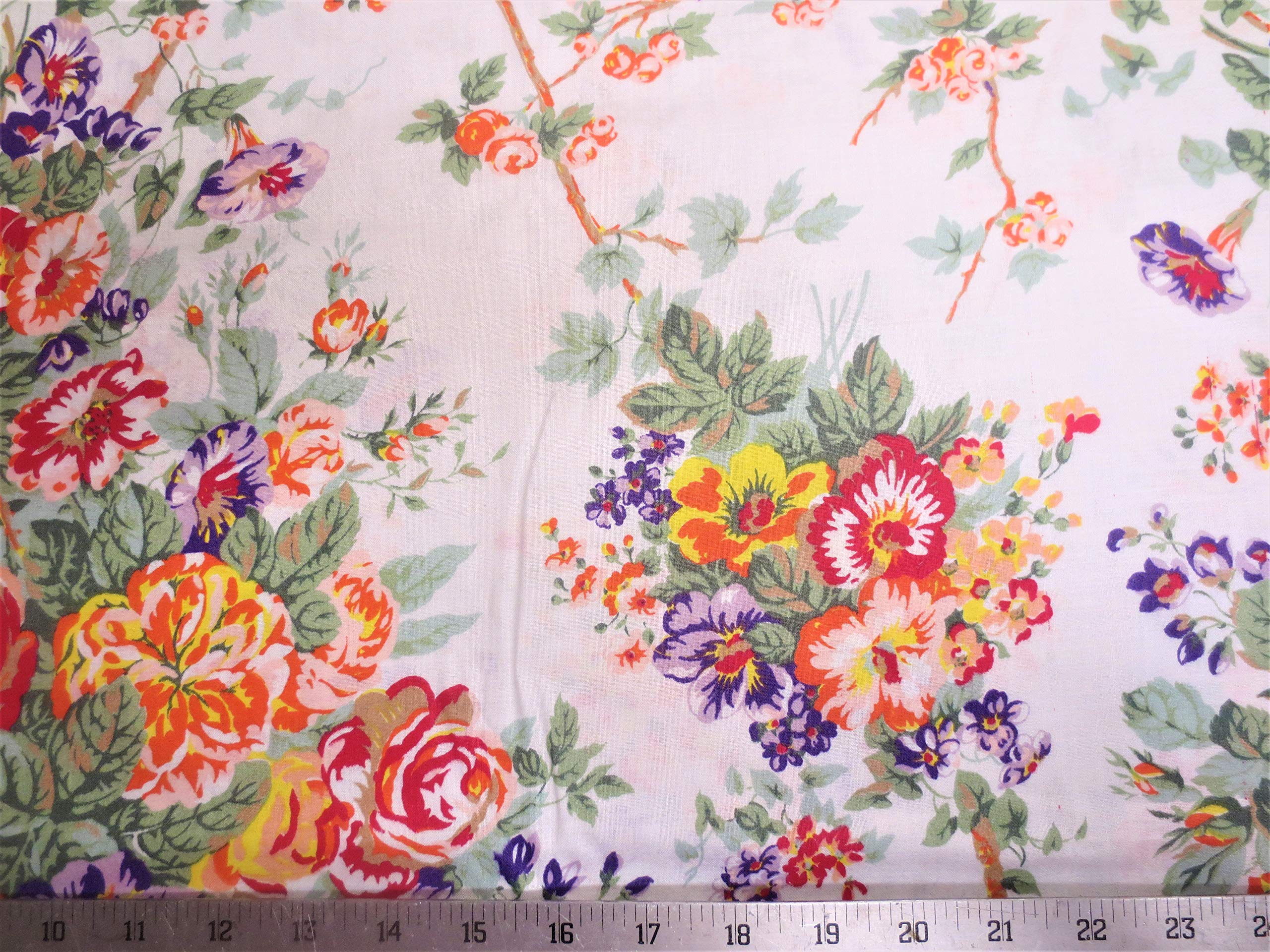 Foust Textiles White with Orange Floral 60" Cotton Fabric