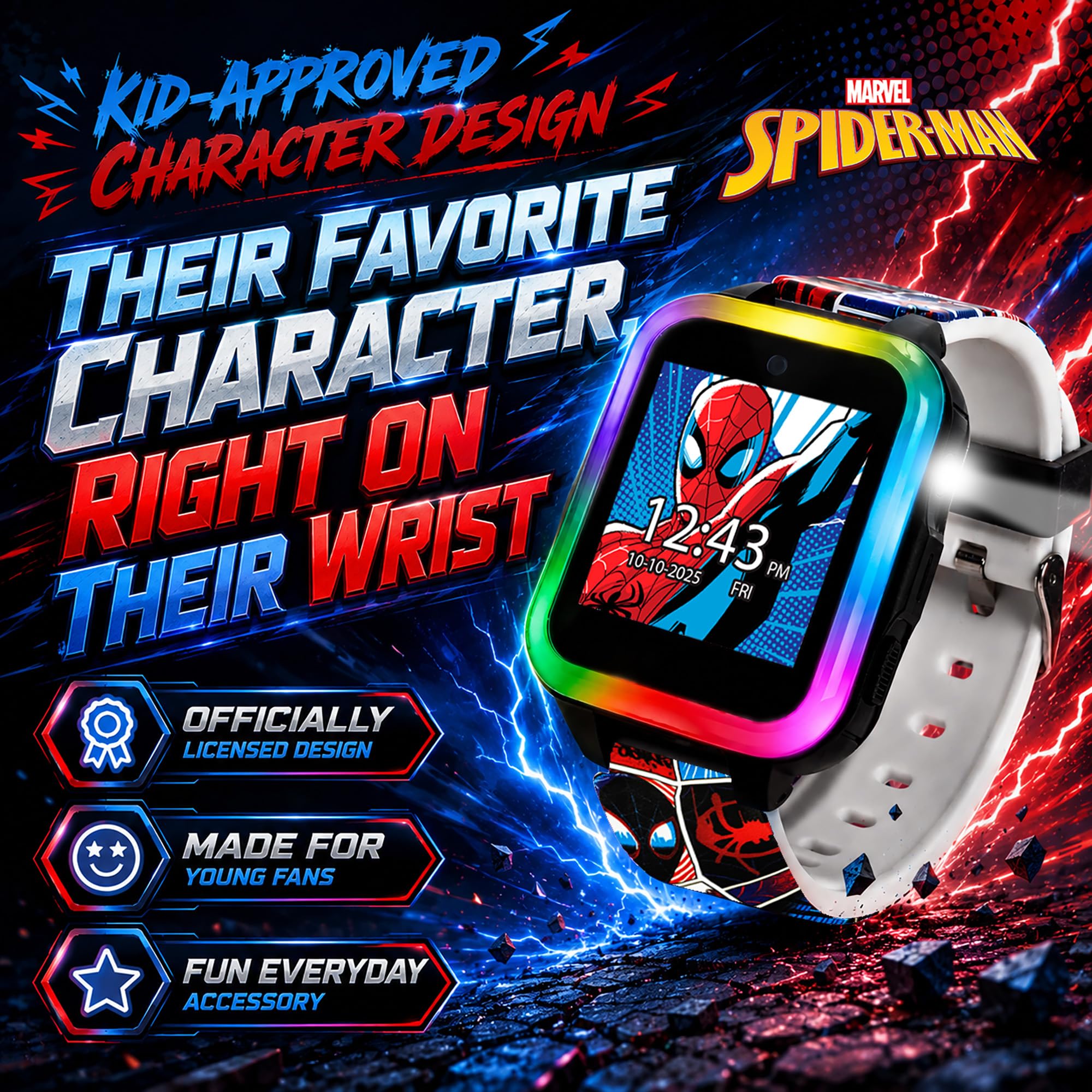 Marvel Spider-Man Kids Smartwatch interattivo con touchscreen, giochi, fotocamera, timer e contapassi, per ragazzi e ragazze, 10 quadranti, 3 sfondi, cinturino rosso e blu, lunetta luminosa a LED,