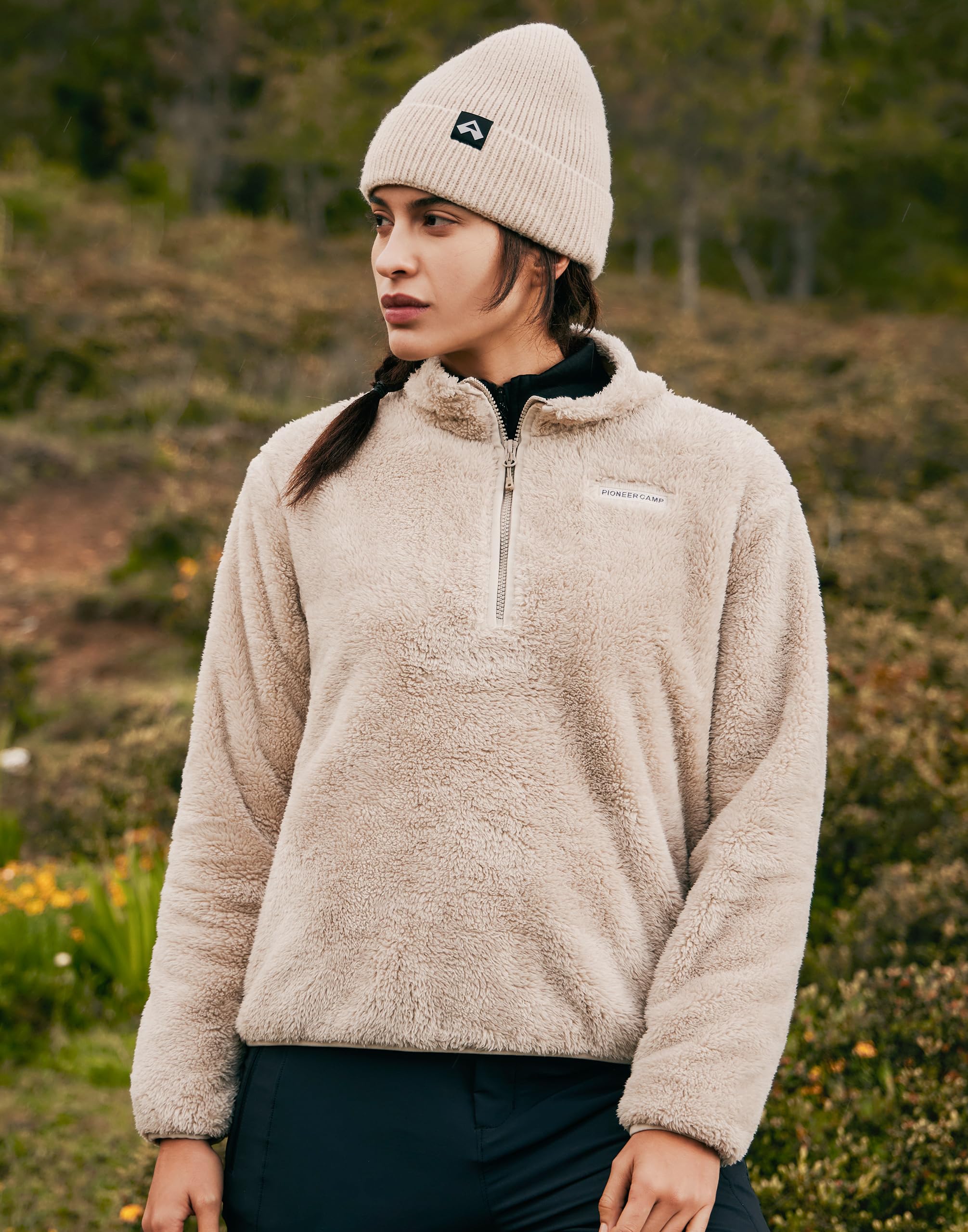 Pioneer Camp Fleece Pullover für Damen mit Stehkragen, Half-Zip Sweatshirt Langarm aus Baumwolle, Weicher Sport Pullover ohne Kapuze, Übergangsjacke Herbst Winter