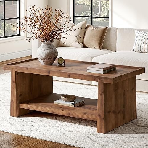 Solid Wood Coffee Table, 47.24" Rustic Farmhouse Coffee Table with Raised Edge & 2-Tier Open Storage, Rectangular Center Table for Living Room, Brown
