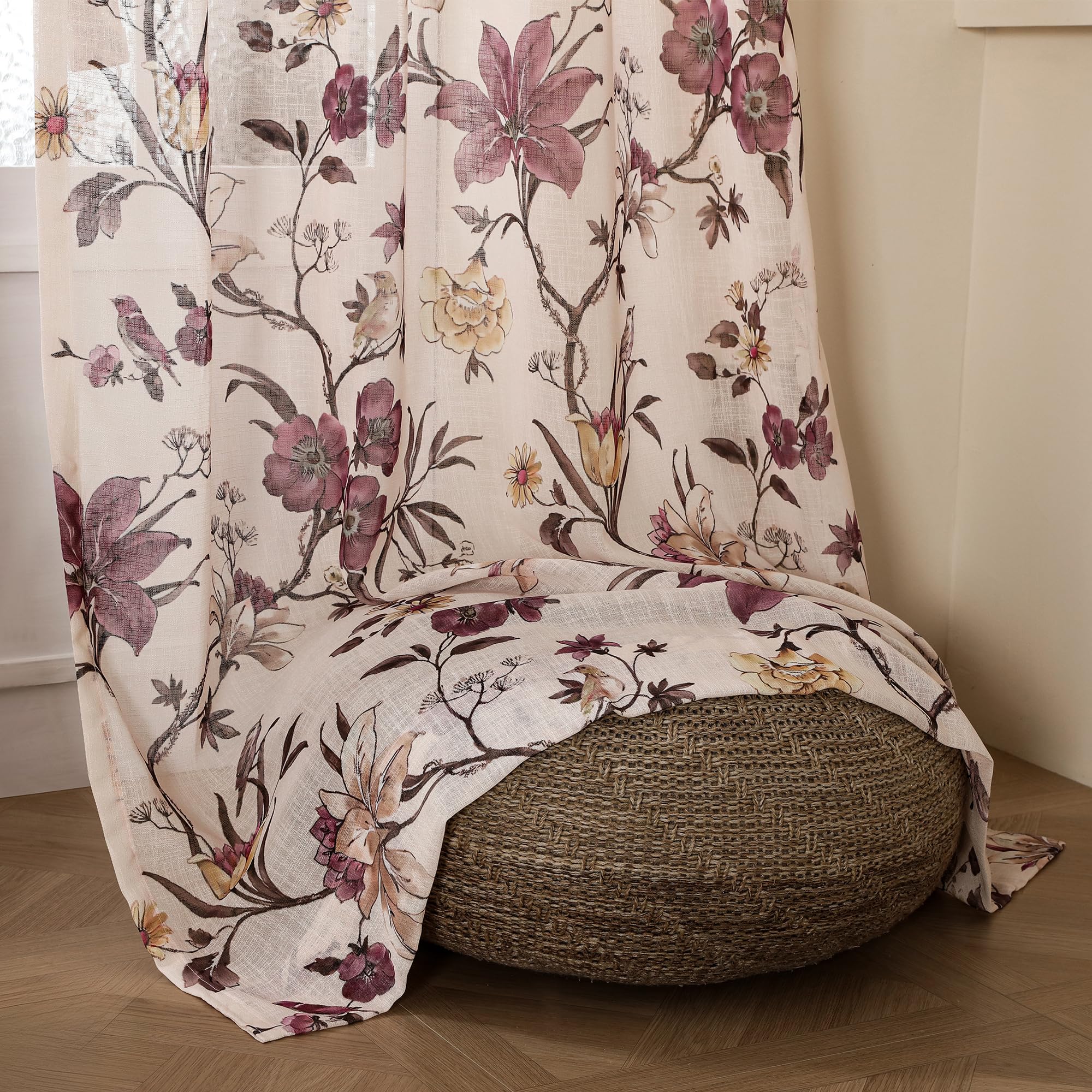 Story@Home Curtains 8 Feet Long Set Of 1 | Floral Print | Semi Transparent Net Curtain | Sheer Curtains | Semi Long Door Curtain For Living Room | 118 X 242 Cm, Cream & Purple | Perfect For Home Decor discount deal