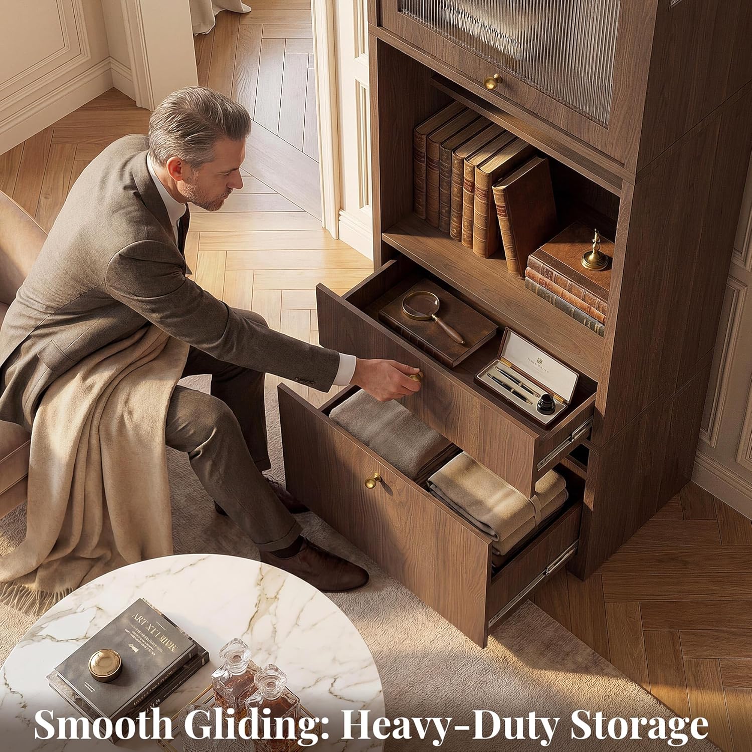 71''Tall Kitchen Pantry Cabinet with Oversized Microwave Shelf & Coffee Station-Tall Extra Deep Storage Hutch, Fluted Acrylic Doors,Adjustable Shelves,Drawers, Anti-Tip,Walnut