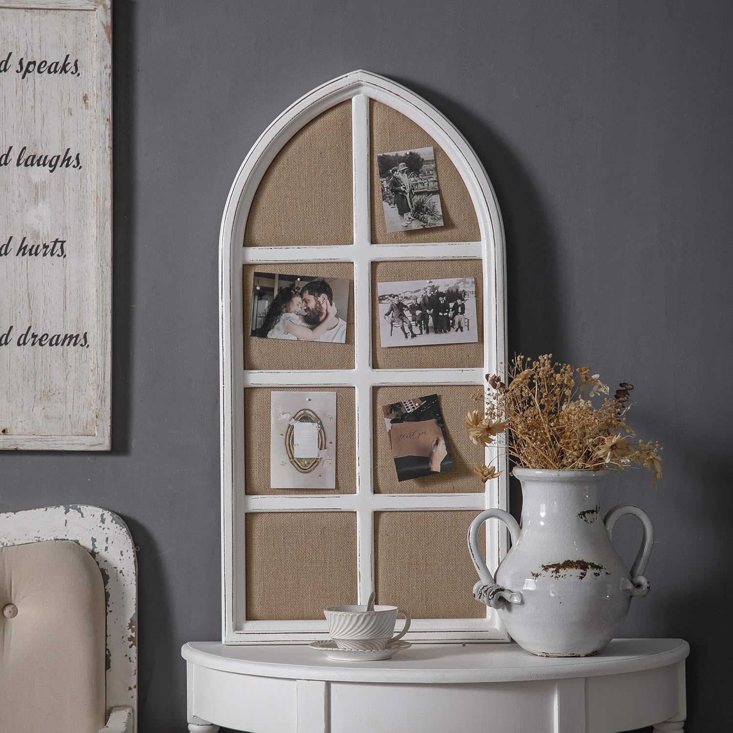 SOFE Arched Window Framed Bulletin Board Large, 35 × 18 Inches Linen Pin Board, Farmhouse Decorative Bulletin Board, Notice Photo Display Board for Home, Wood Cathedral Wall Decor