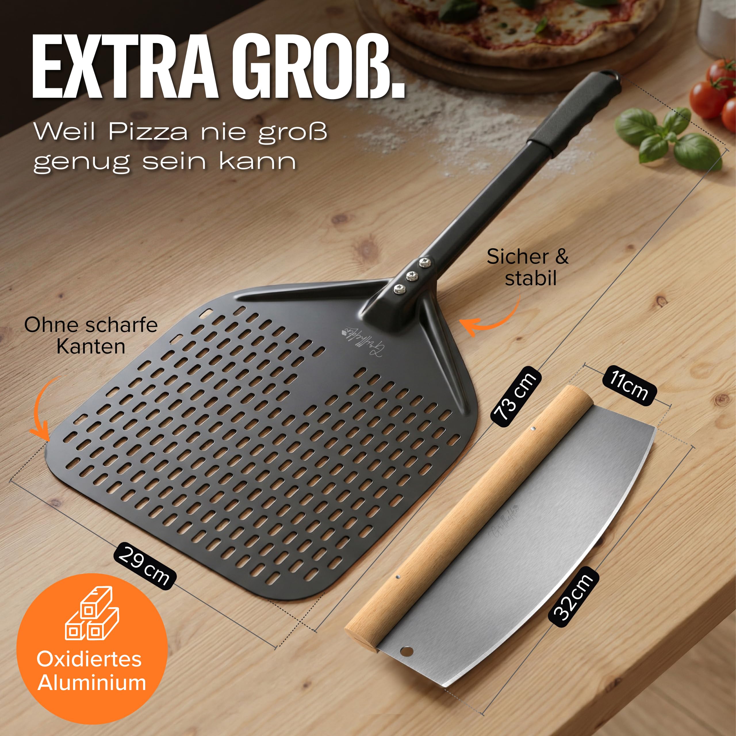 Pizzaschieber Set mit Pizzaschneider - großer perforierter Pizzaschieber mit Antihaft-Beschichtung - Pizzamesser Wiegemesser mit Holzgriff - Pizza Zubehör für Backofen und Pizzaofen