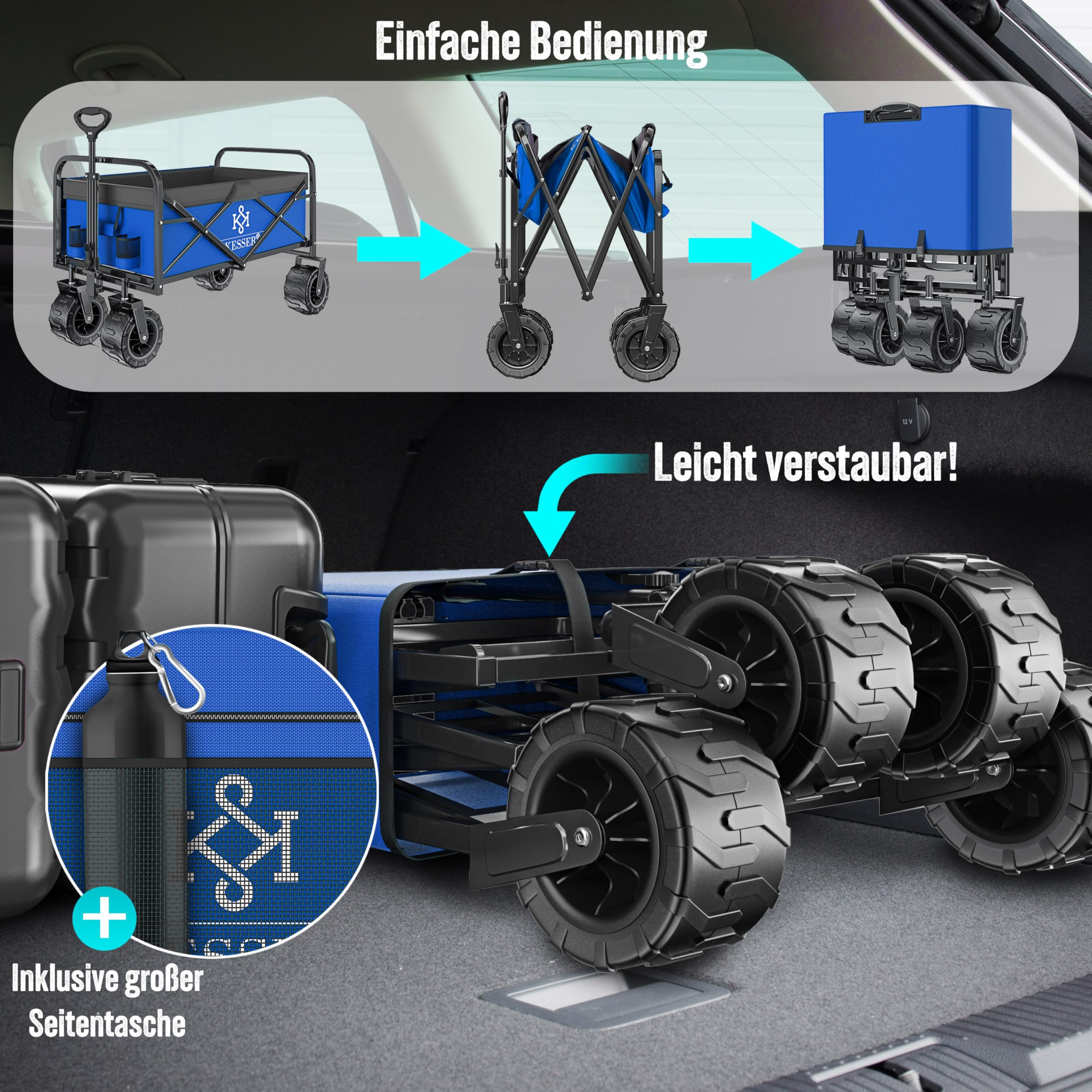 KESSER Chariot de transport pliable - Charge maximale : 150 kg - Avec pneus larges en caoutchouc solide - Chariot de transport avec 2 poches en filet et poche latérale - Chariot de transport pliable
